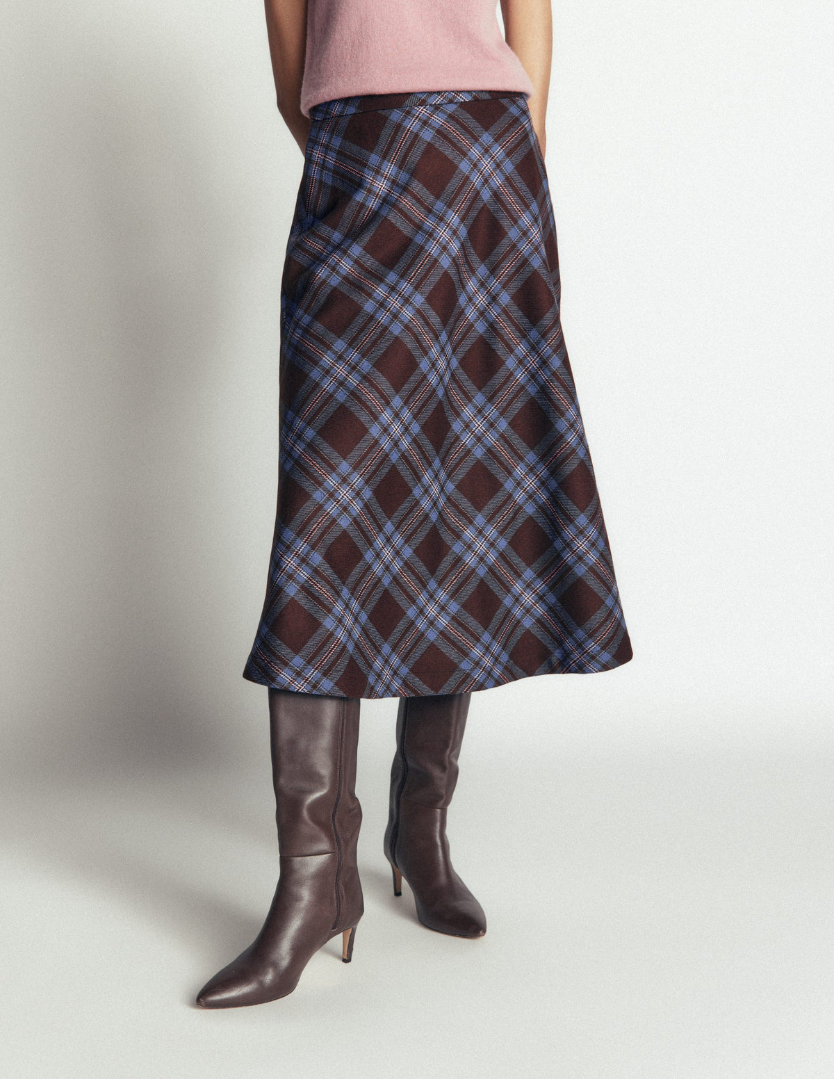 Wool Blend Slip Skirt-Brown Check - Image 4