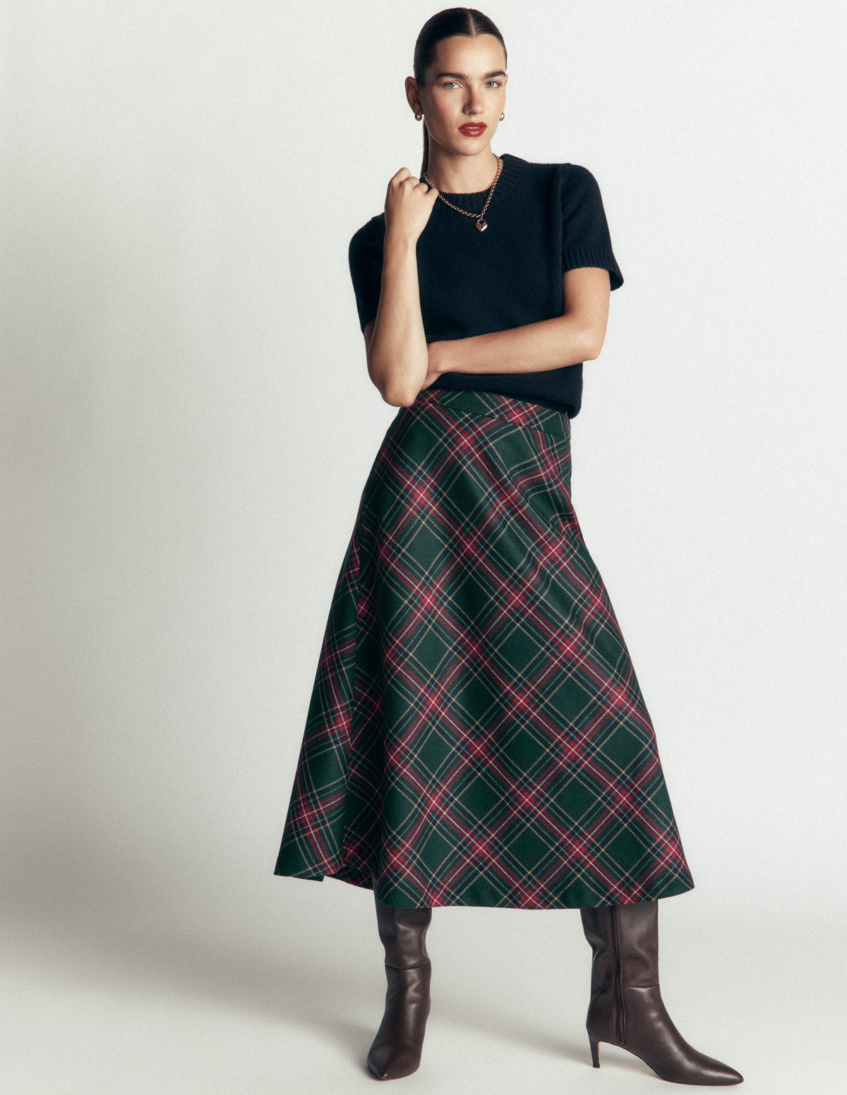 Wool Blend Slip Skirt-Green Check-1