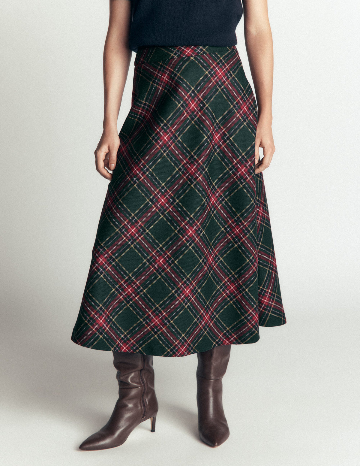 Wool Blend Slip Skirt-Green Check-4
