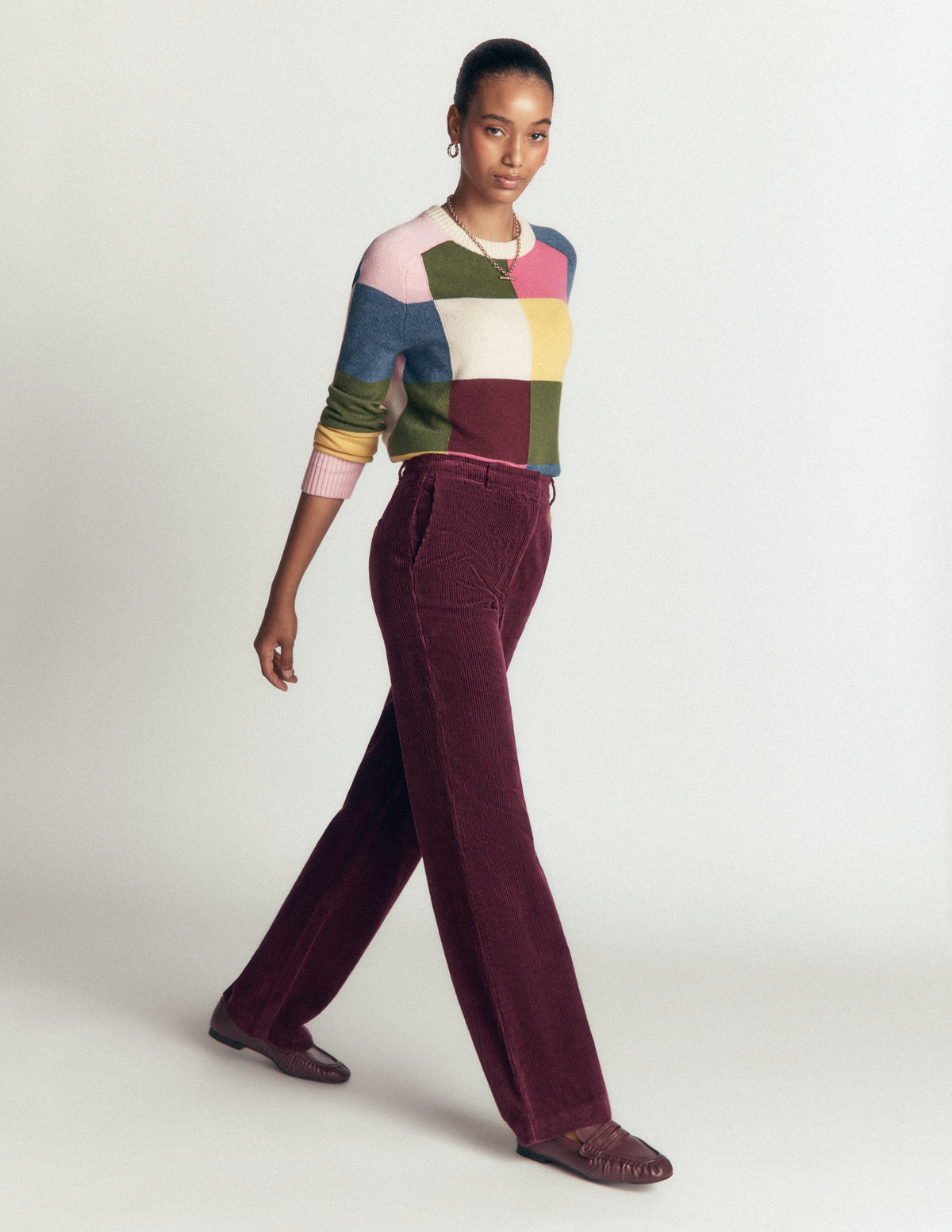 Fitzrovia Cord Column Trousers-Dark Cherry-1