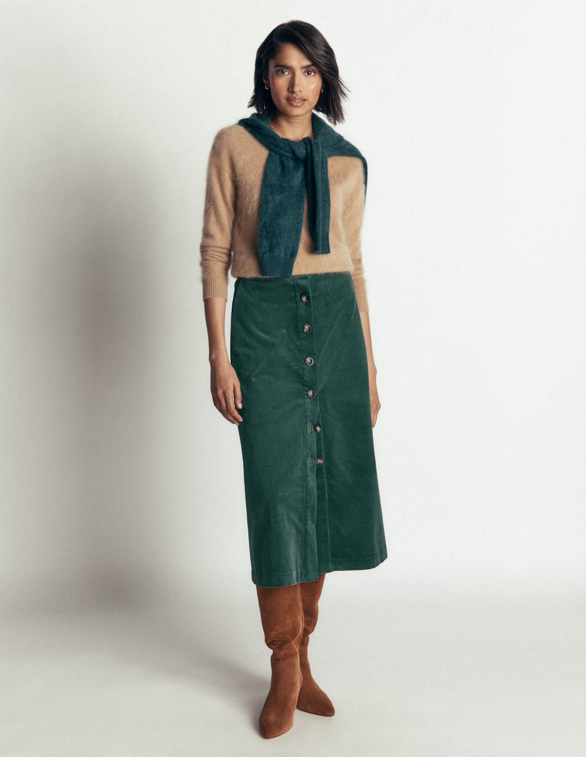 Val Button Cord Midi Skirt-Midnight Teal-1