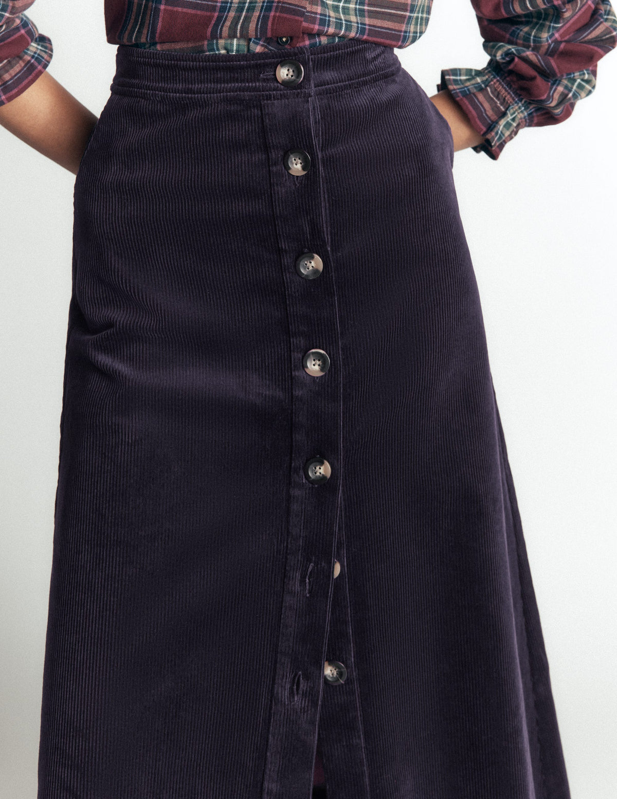 Val Button Cord Midi Skirt-Navy-2
