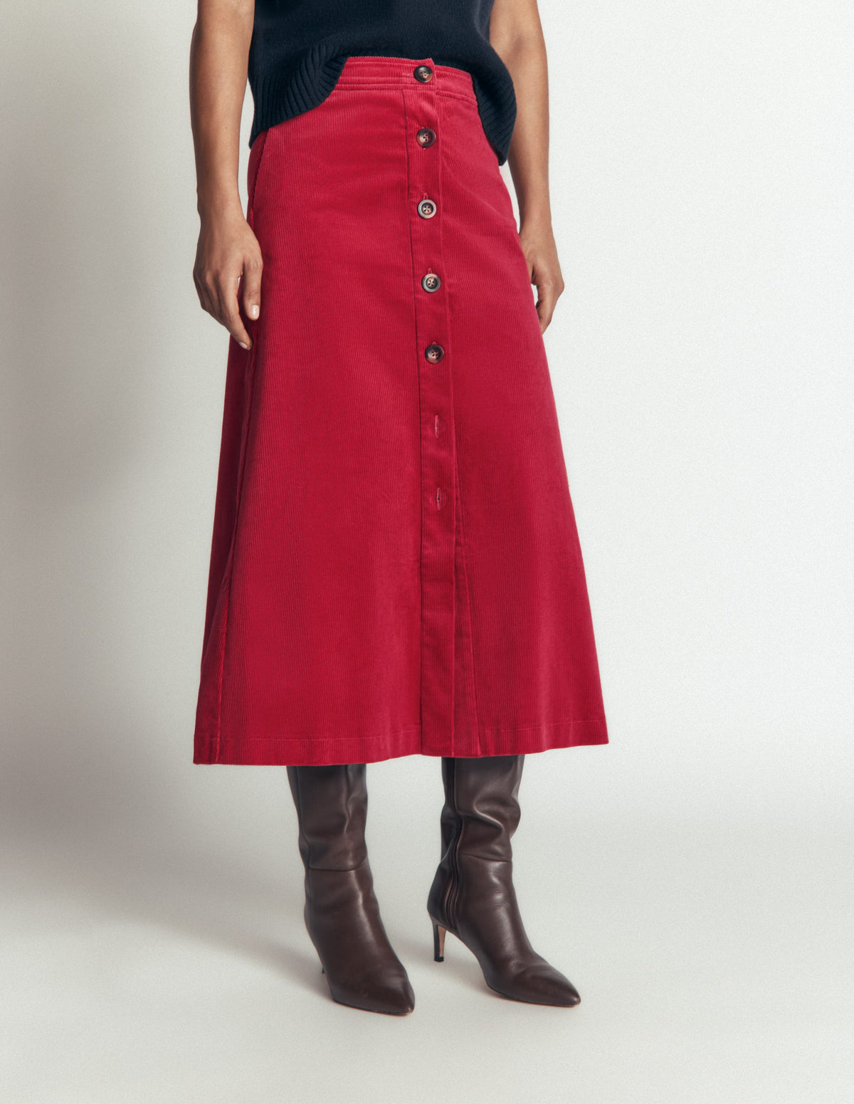 Val Button Cord Midi Skirt-Red Earth-4