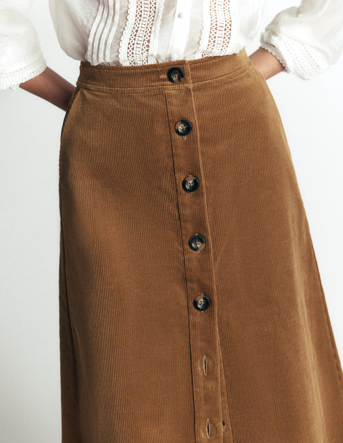 Val Button Cord Midi Skirt-Gingerbread-2