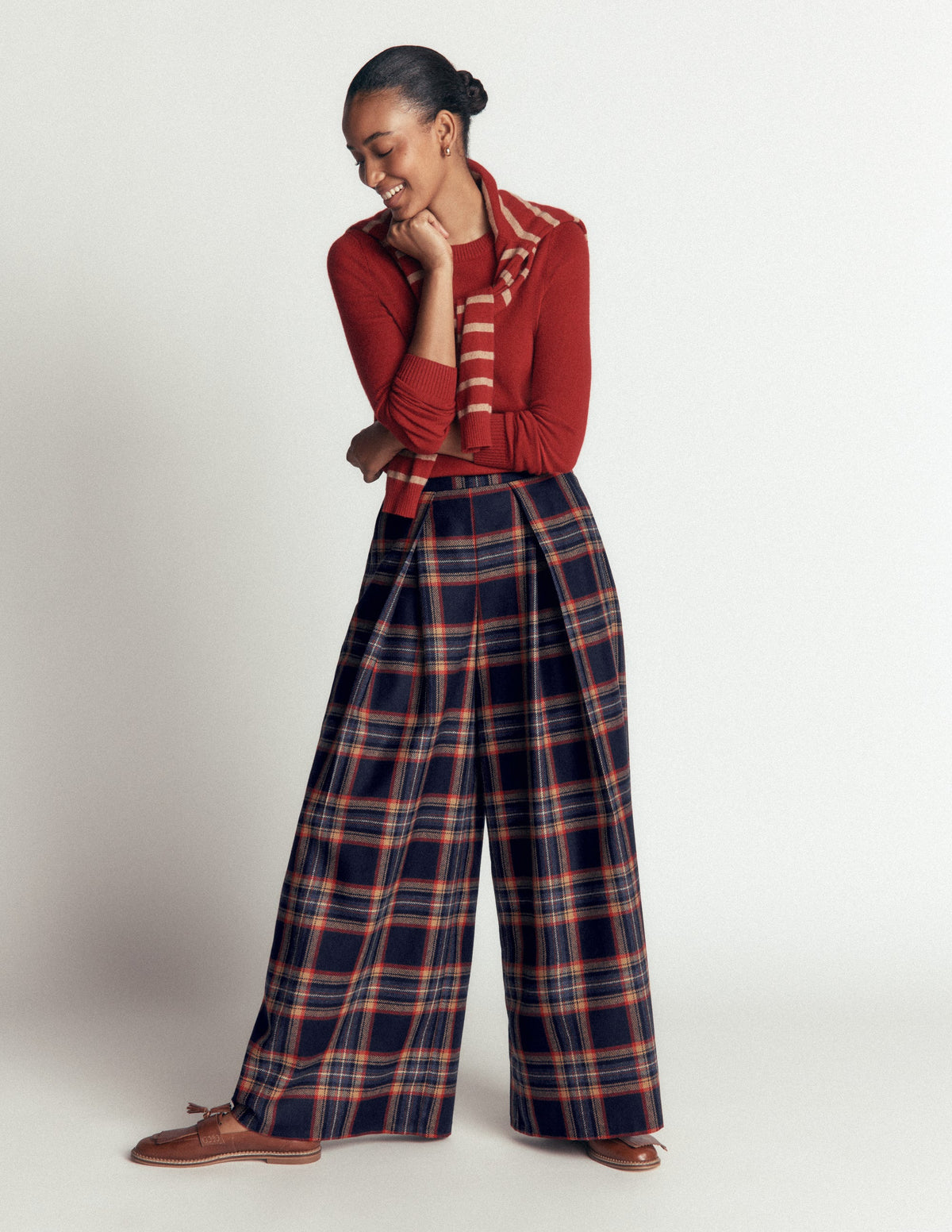 Wool Blend Pleated Culottes-Navy, Camel Check - Image 1