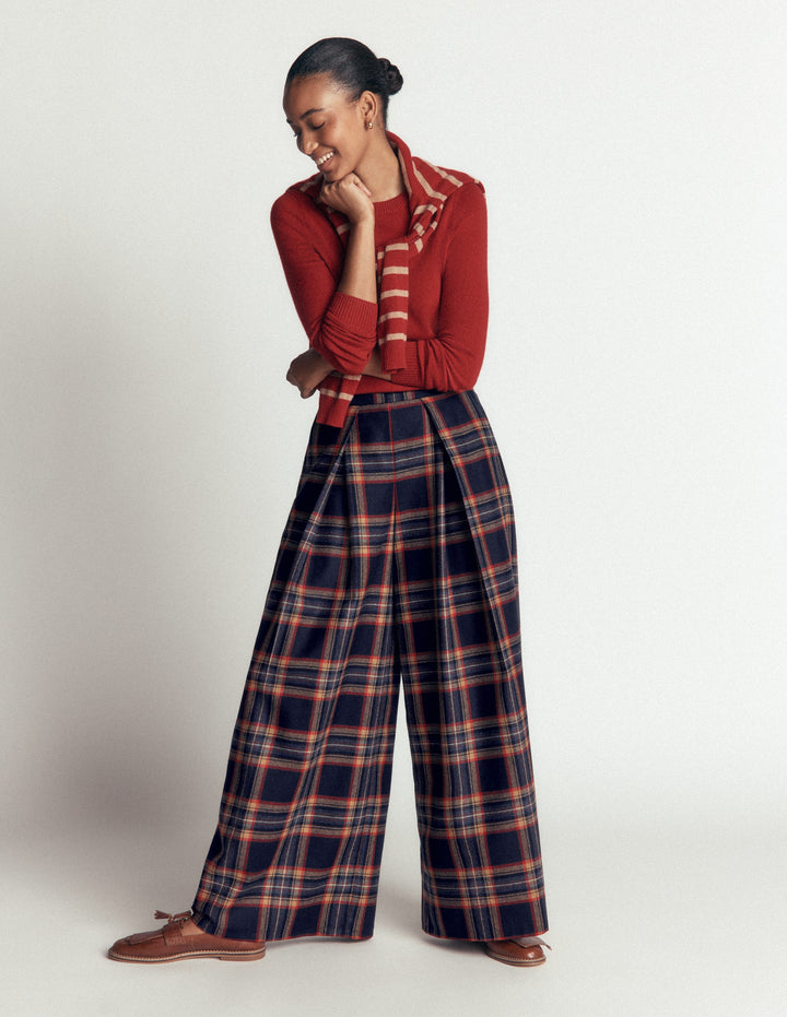 Wool Blend Pleated Culottes-Navy, Camel Check