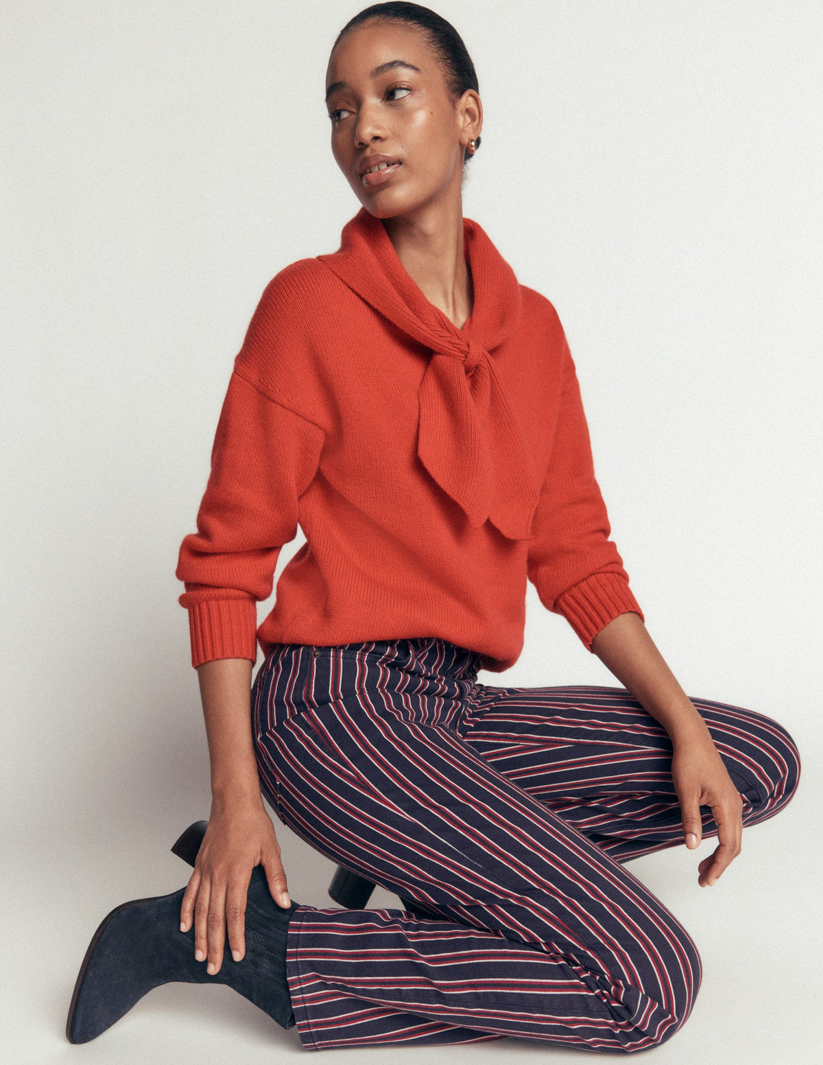 High Rise Straight Jeans-Navy Red Stripe-1