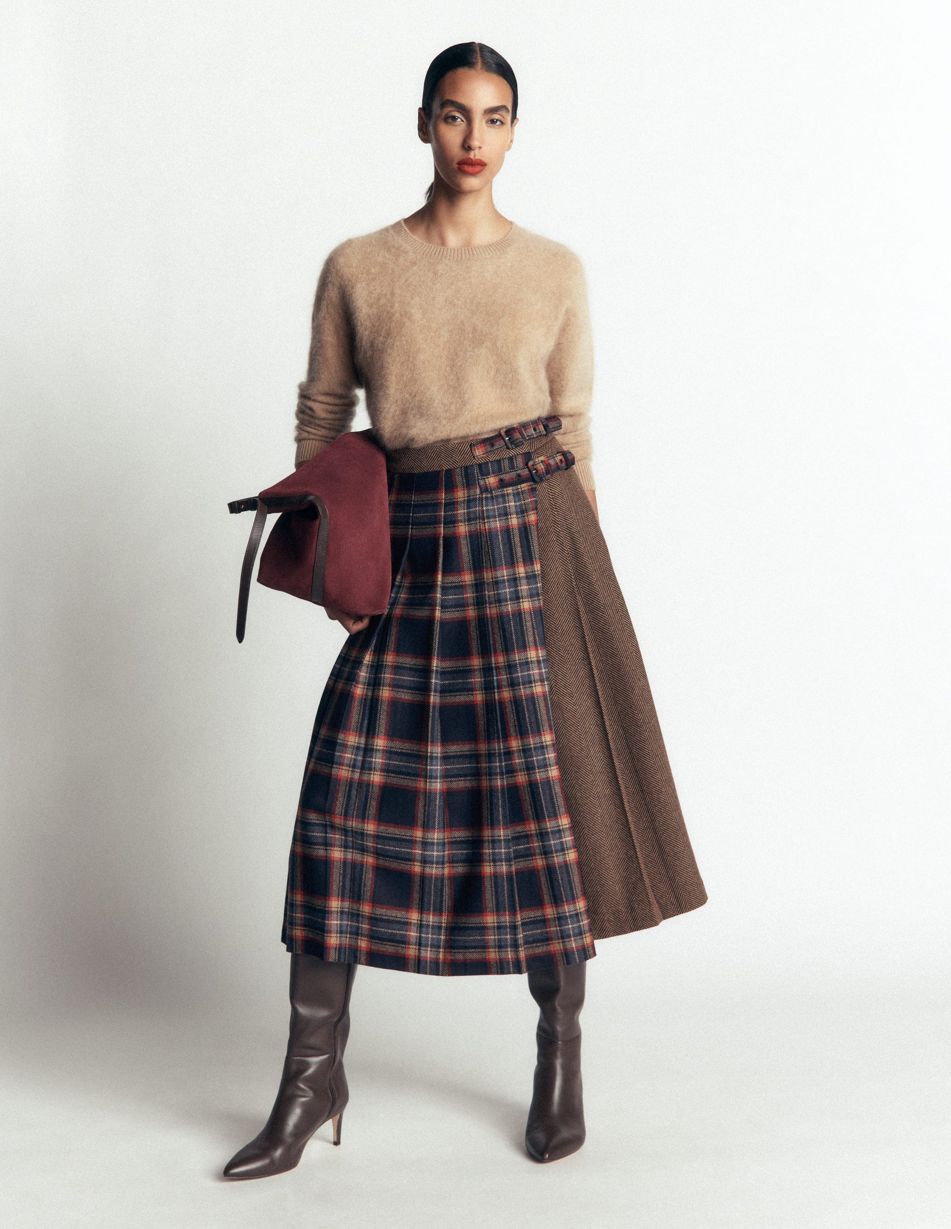 Pleated Midi Kilt-Navy And Camel Check-1