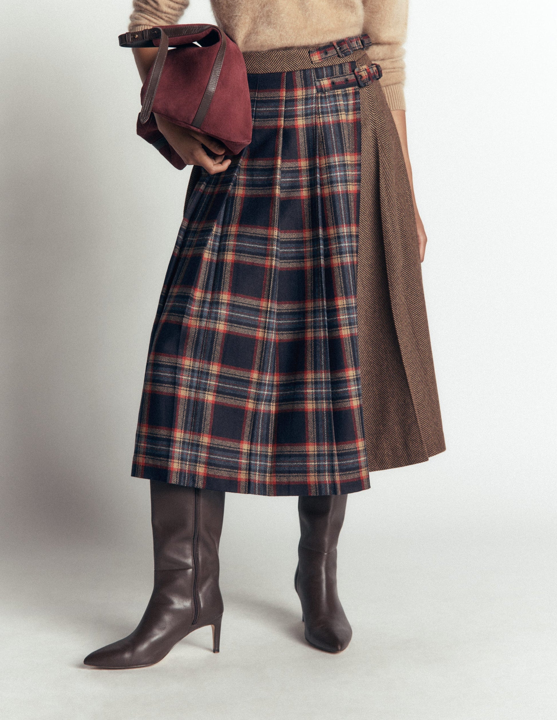 Pleated Midi Kilt-Navy And Camel Check-5