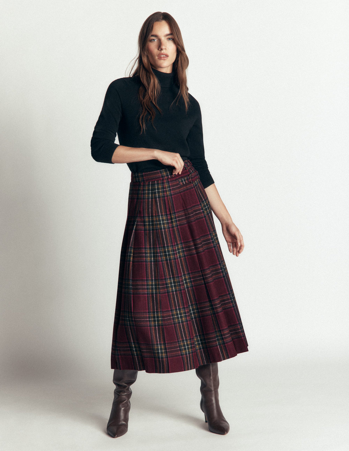 Pleated Midi Kilt-Maroon And Olive Check - Image 1