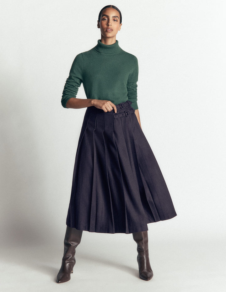 Pleated Midi Kilt-Navy Herringbone