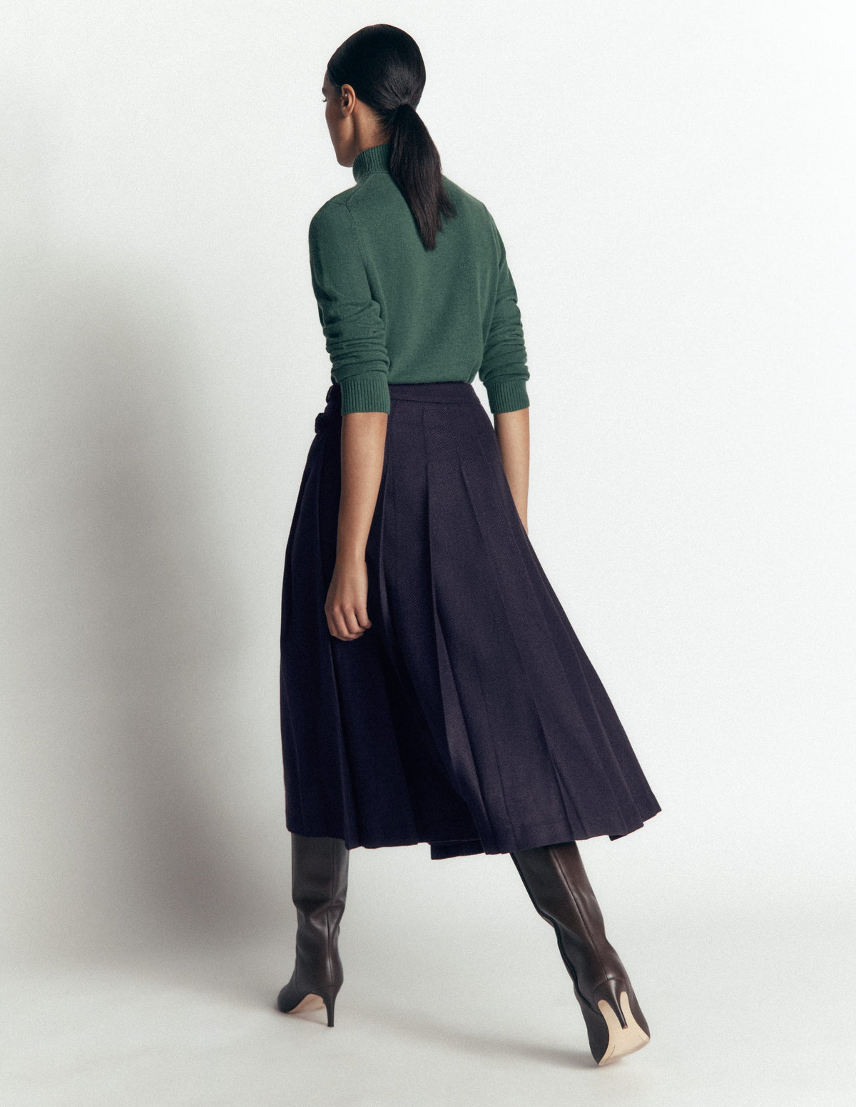 Pleated Midi Kilt-Navy Herringbone-3