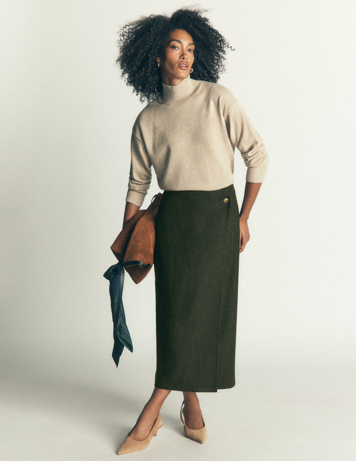Column Wrap Skirt-Hunter Green Herringbone