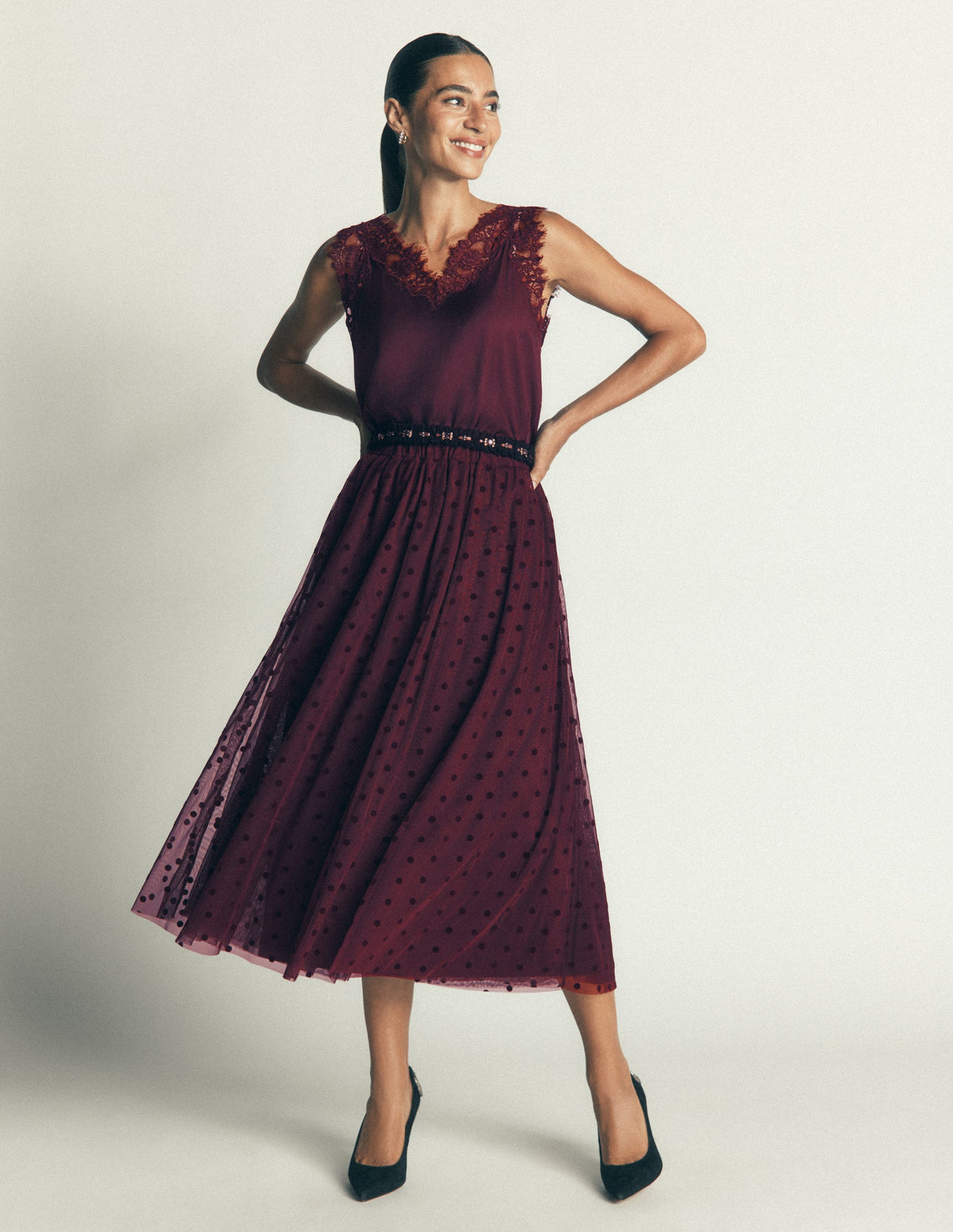 Full Tulle Party Skirt-Dark Cherry Flocked Spot-1