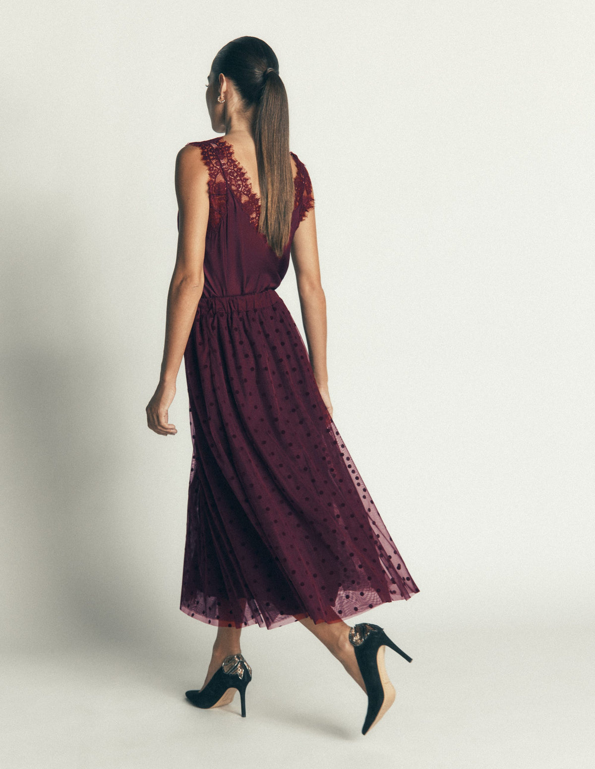 Full Tulle Party Skirt-Dark Cherry Flocked Spot - Image 3