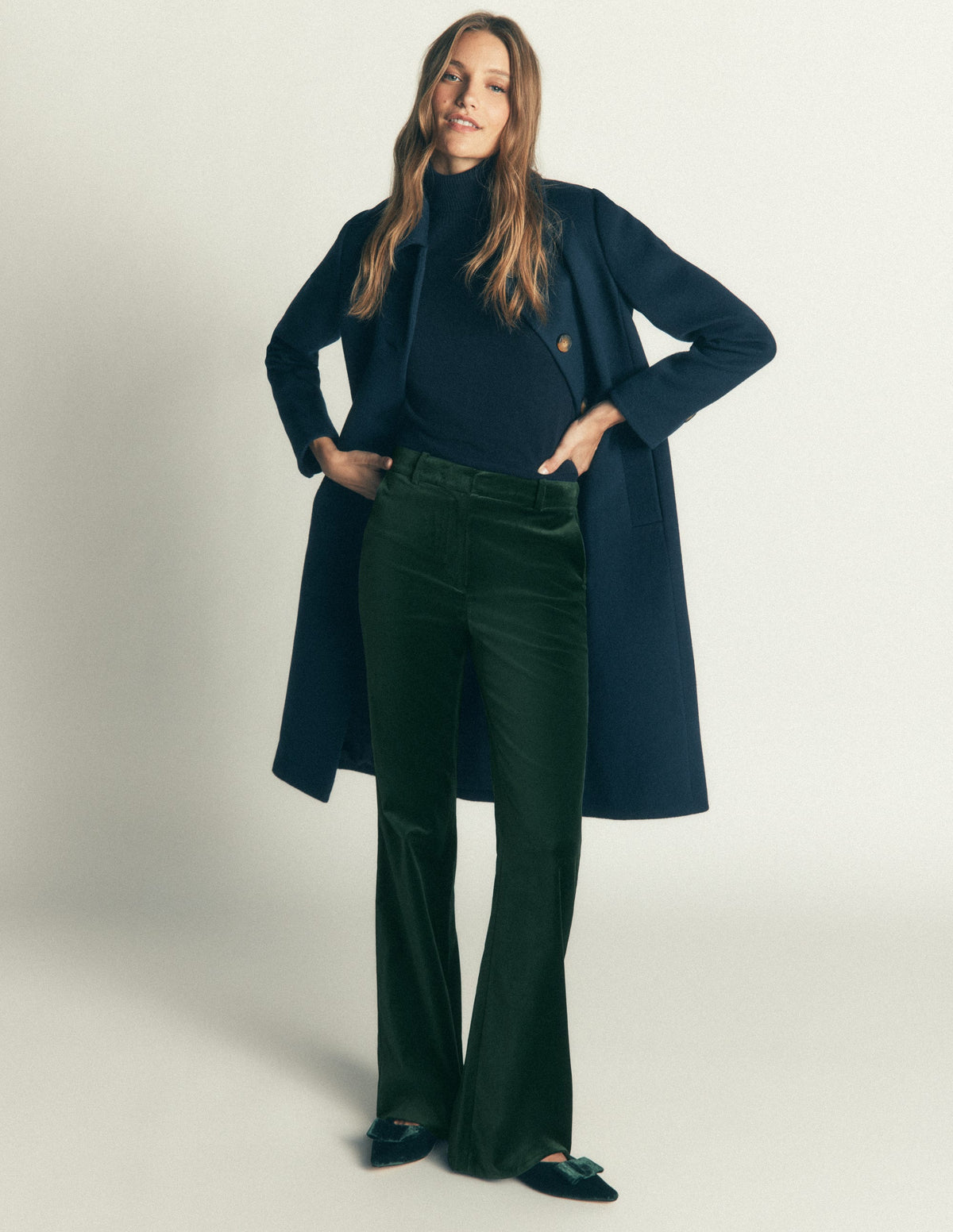 Flare Velvet Trousers-Midnight Emerald - Image 1