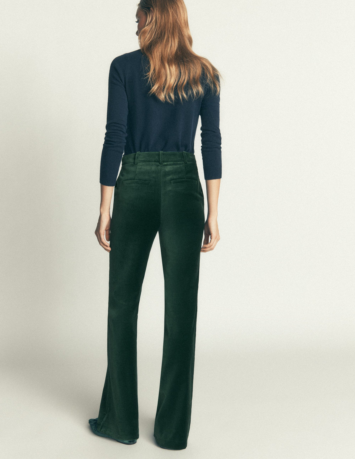 Flare Velvet Trousers-Midnight Emerald-3