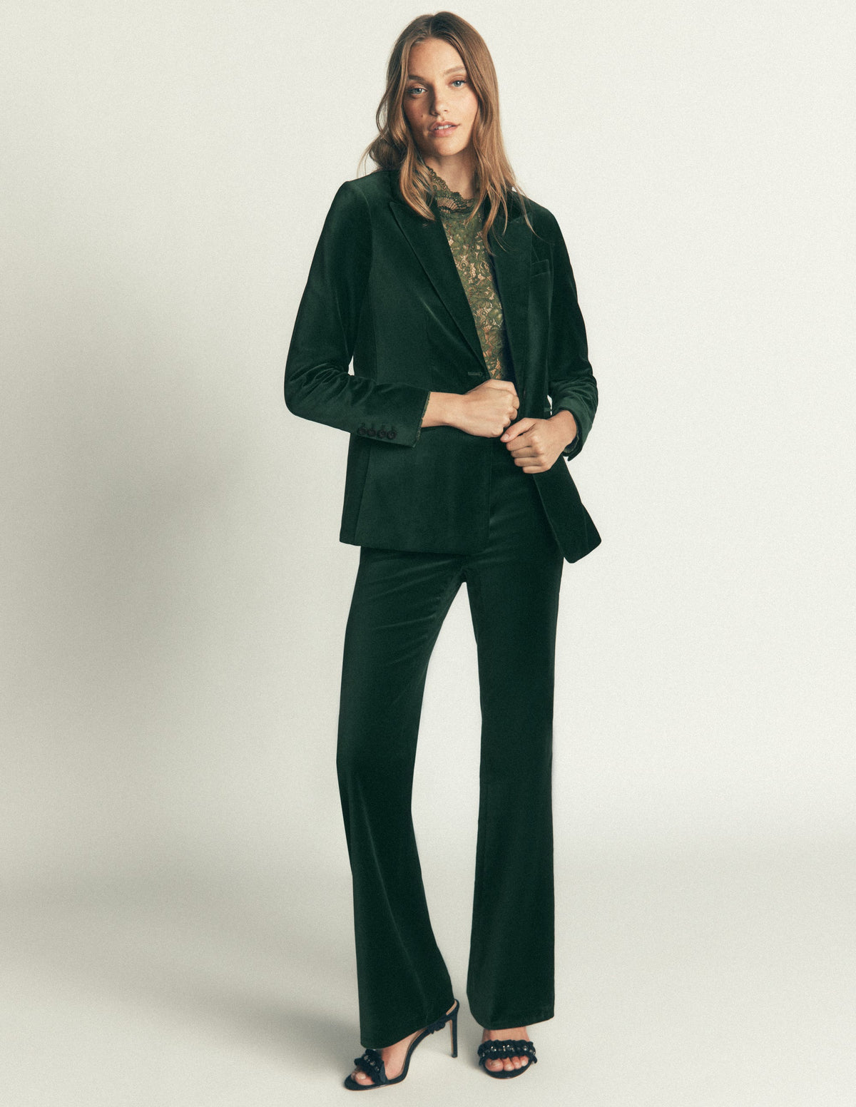Flare Velvet Trousers-Midnight Emerald - Image 6