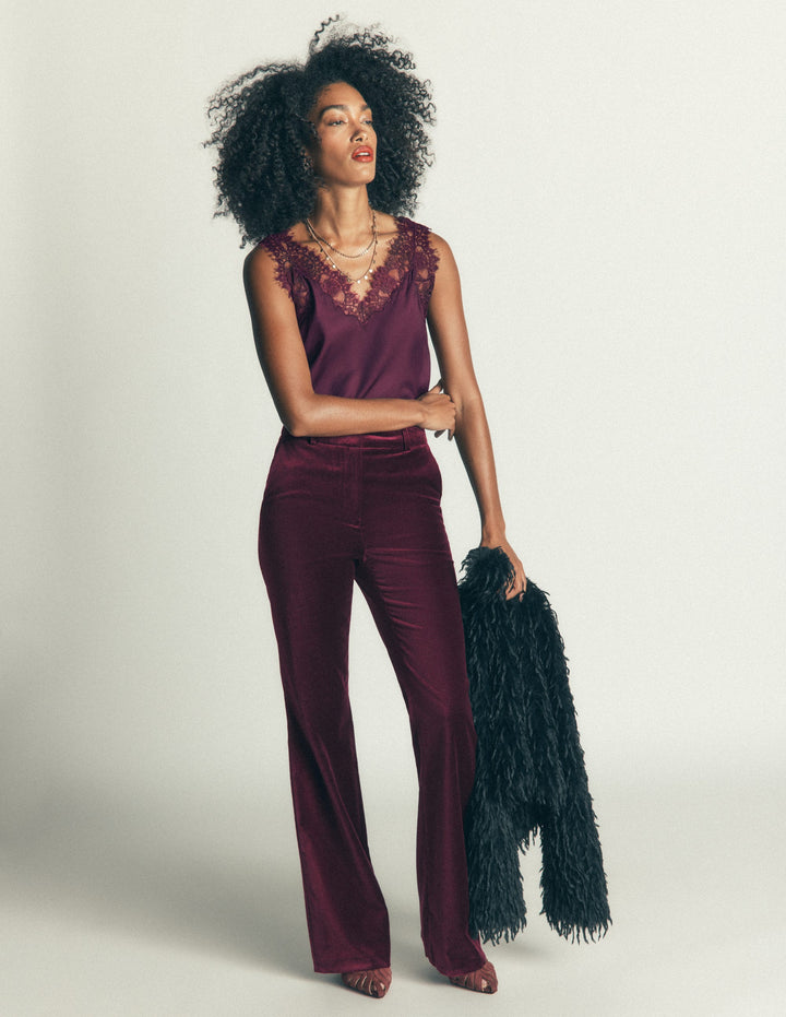 Flare Velvet Trousers-Dark Cherry
