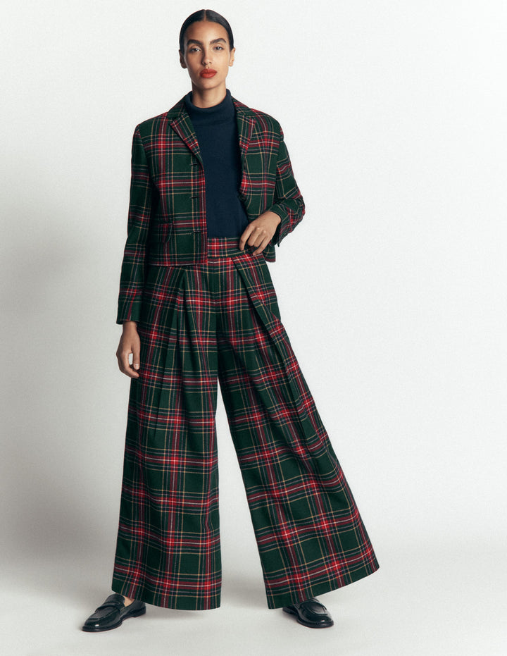 Wool Blend Pleated Trousers-Green, Navy and Red Check
