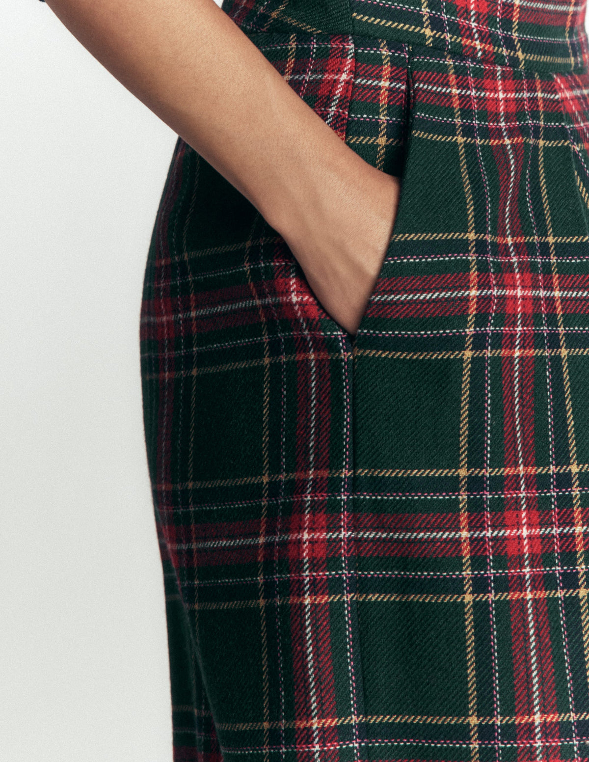Wool Blend Pleated Trousers-Green, Navy and Red Check - Image 3