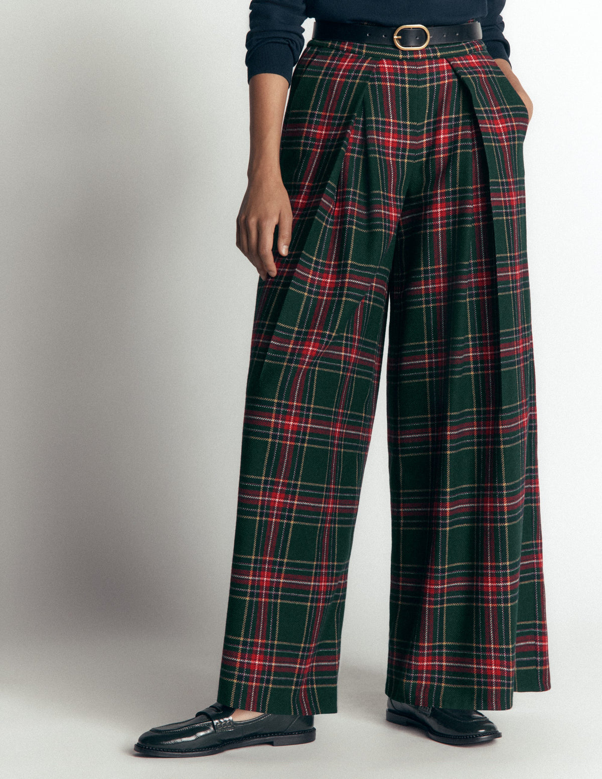 Wool Blend Pleated Trousers-Green, Navy and Red Check-5