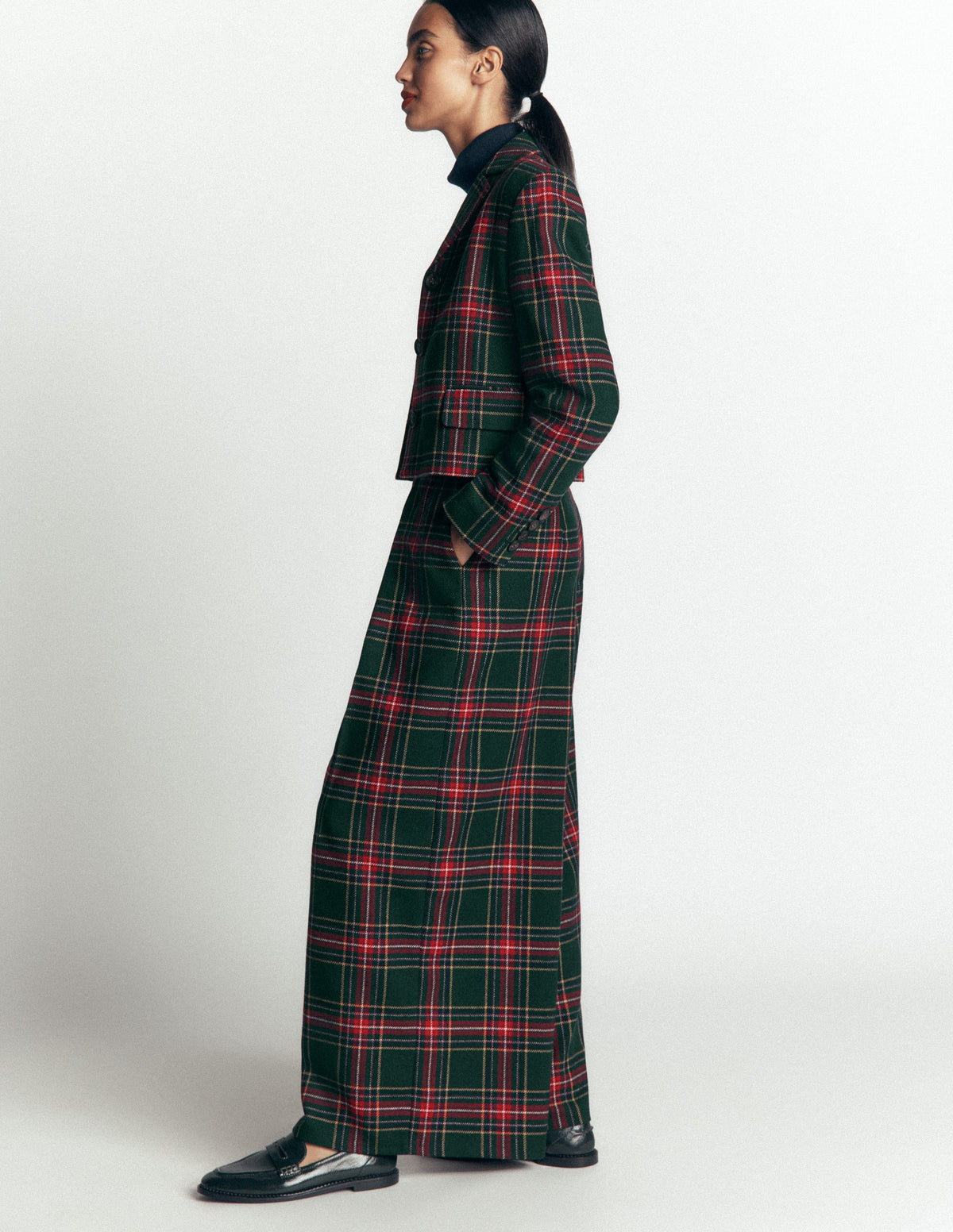 Wool Blend Pleated Trousers-Green, Navy and Red Check-6
