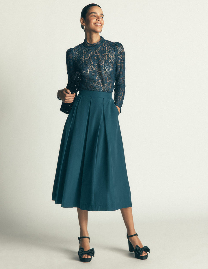 Verity Taffeta Midi Skirt-Teal Ocean