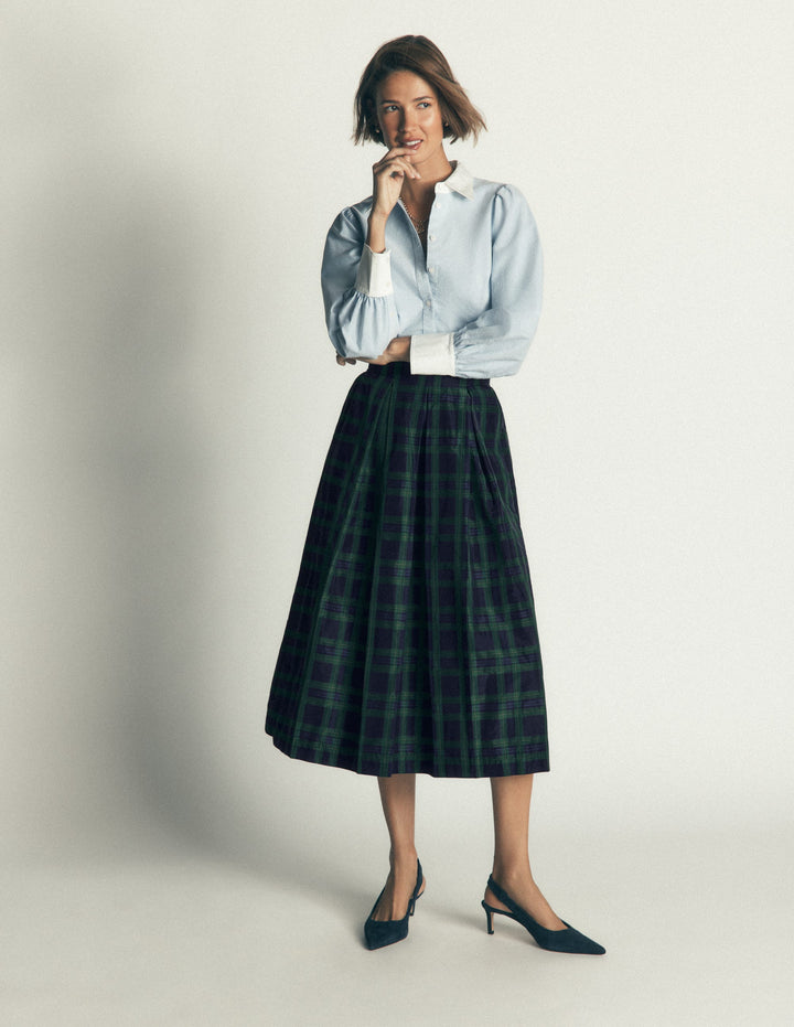 Verity Taffeta Midi Skirt-Navy, Green,Blue Tonal Check