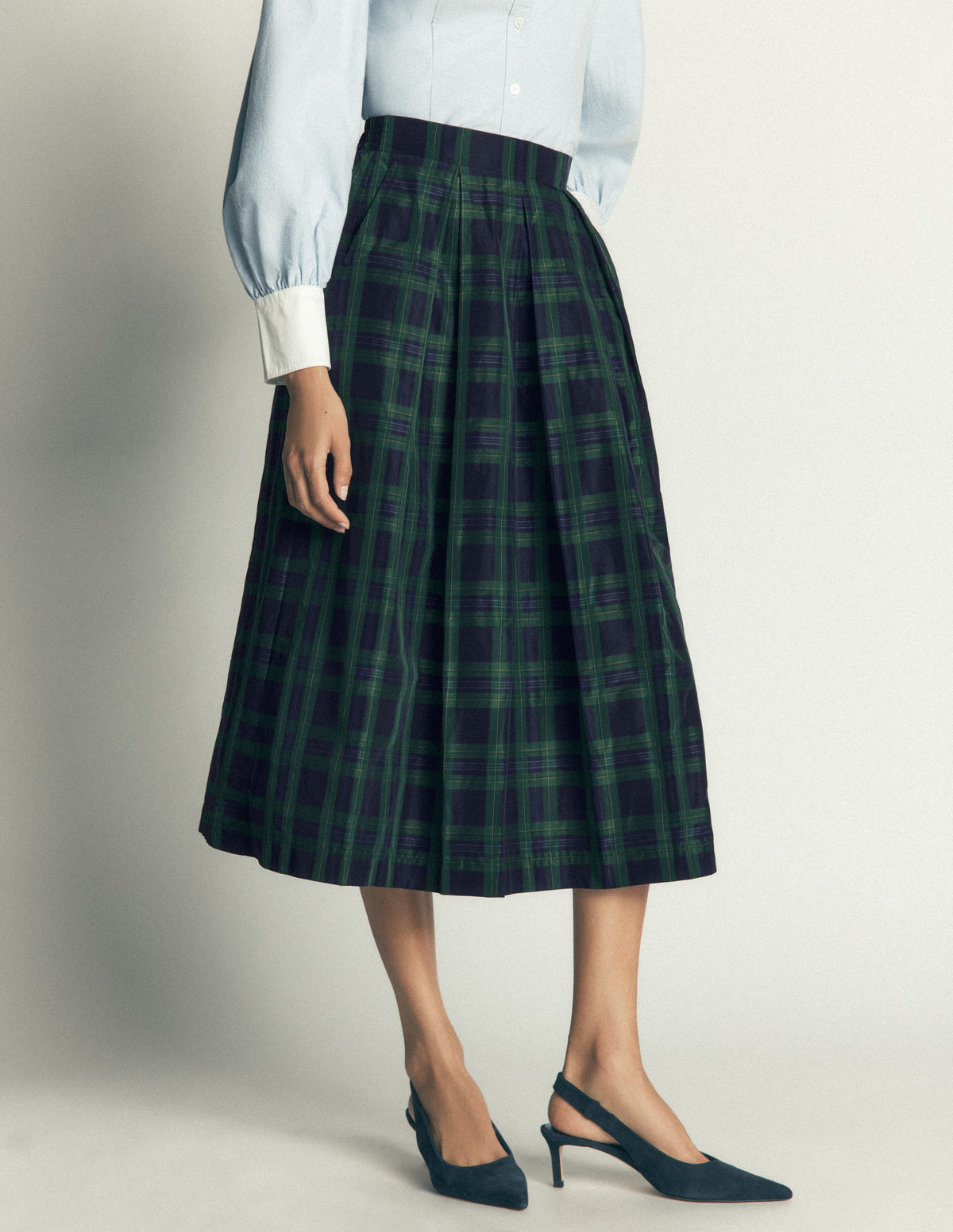 Verity Taffeta Midi Skirt-Navy, Green,Blue Tonal Check-6