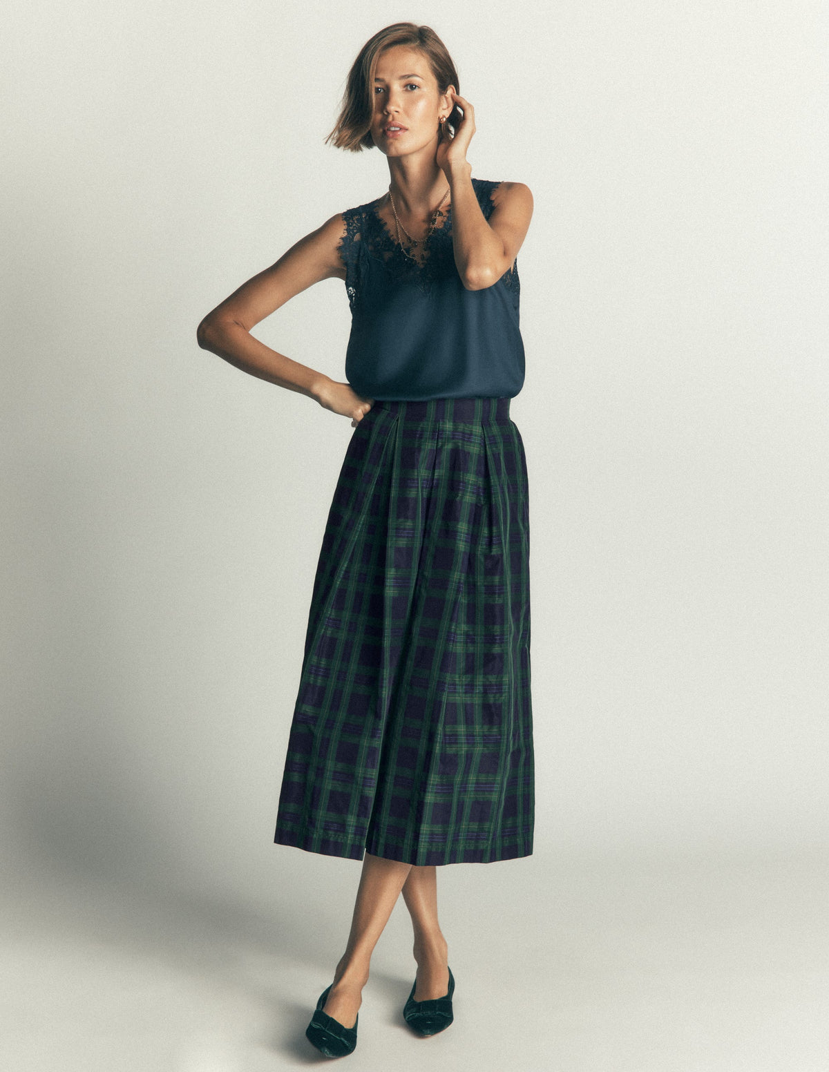 Verity Taffeta Midi Skirt-Navy, Green,Blue Tonal Check-7