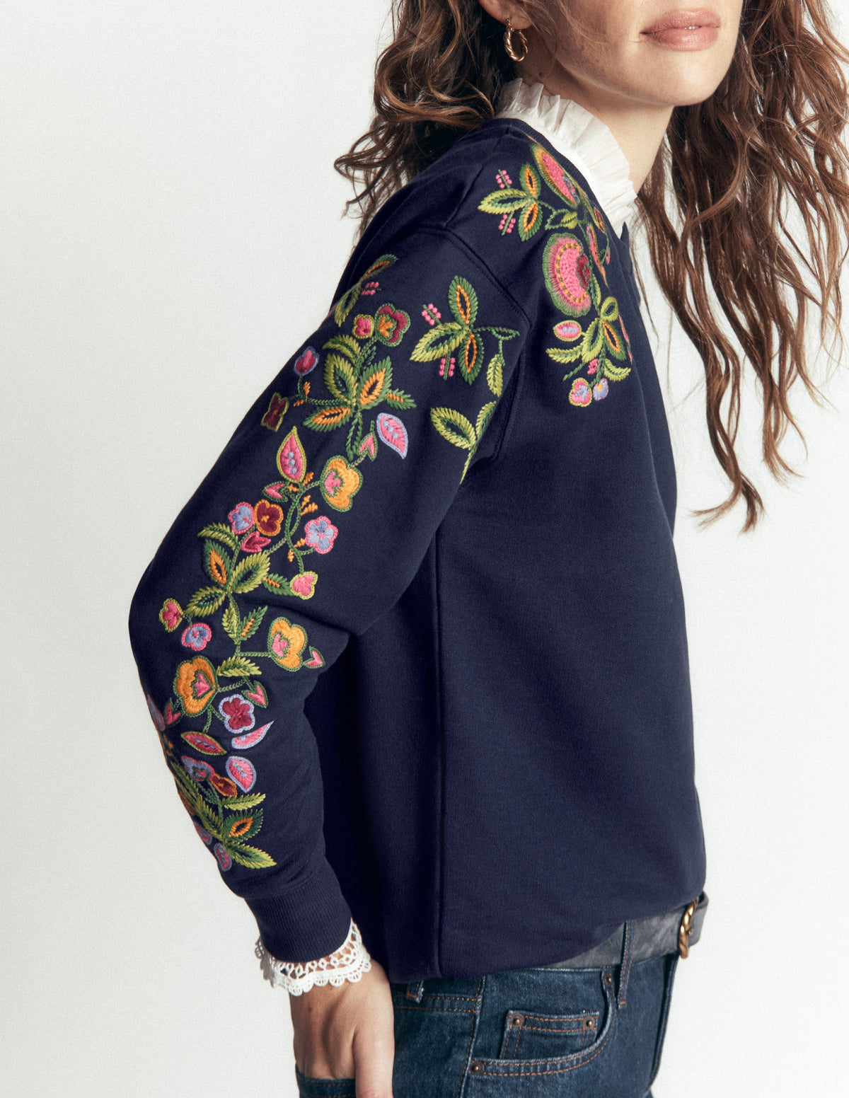 Emi Embroidered Sweatshirt-Navy, Multi flower embroidery-4