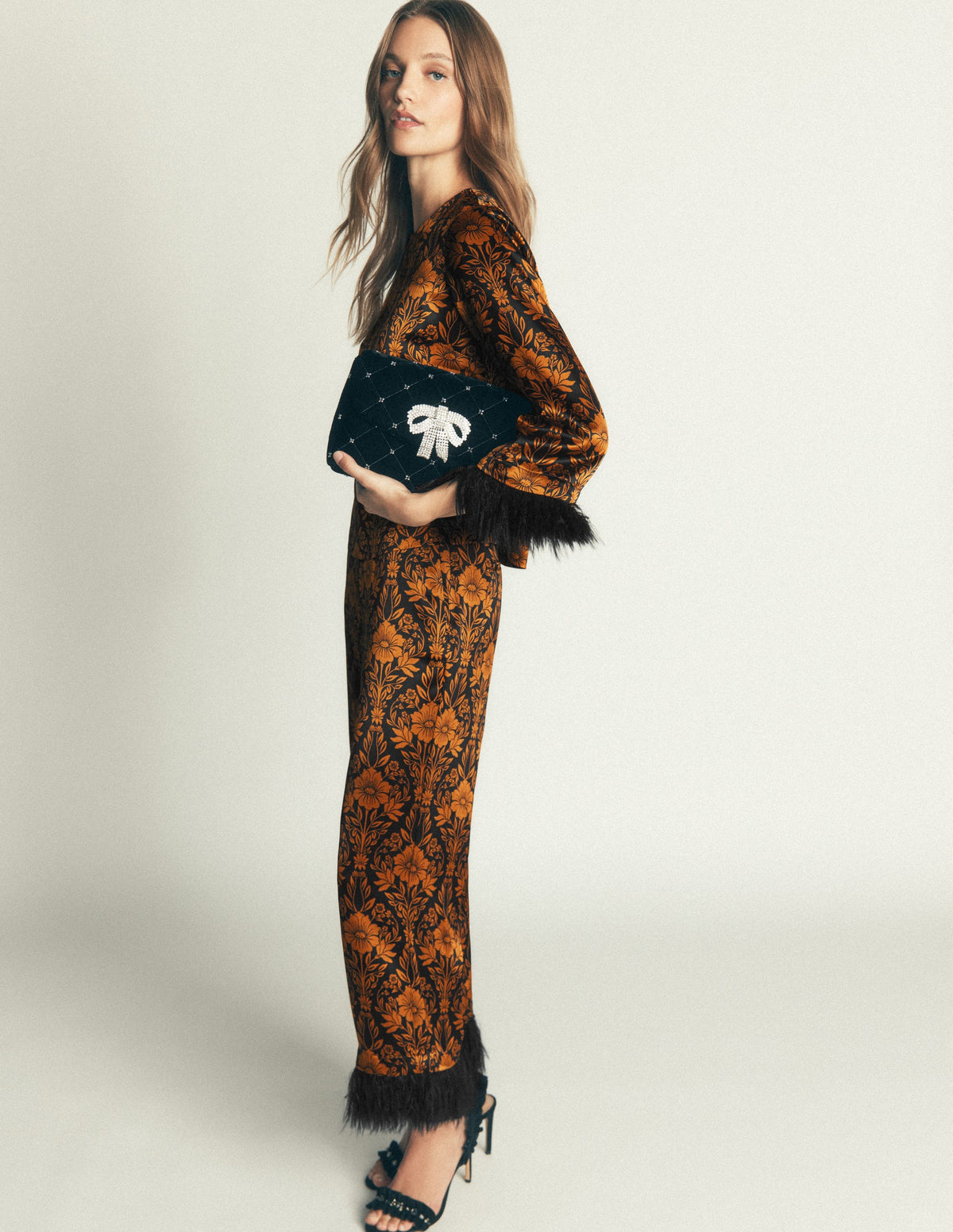 Faux Feather Cuff Party Top-Cognac, Flourishing Sprig-5