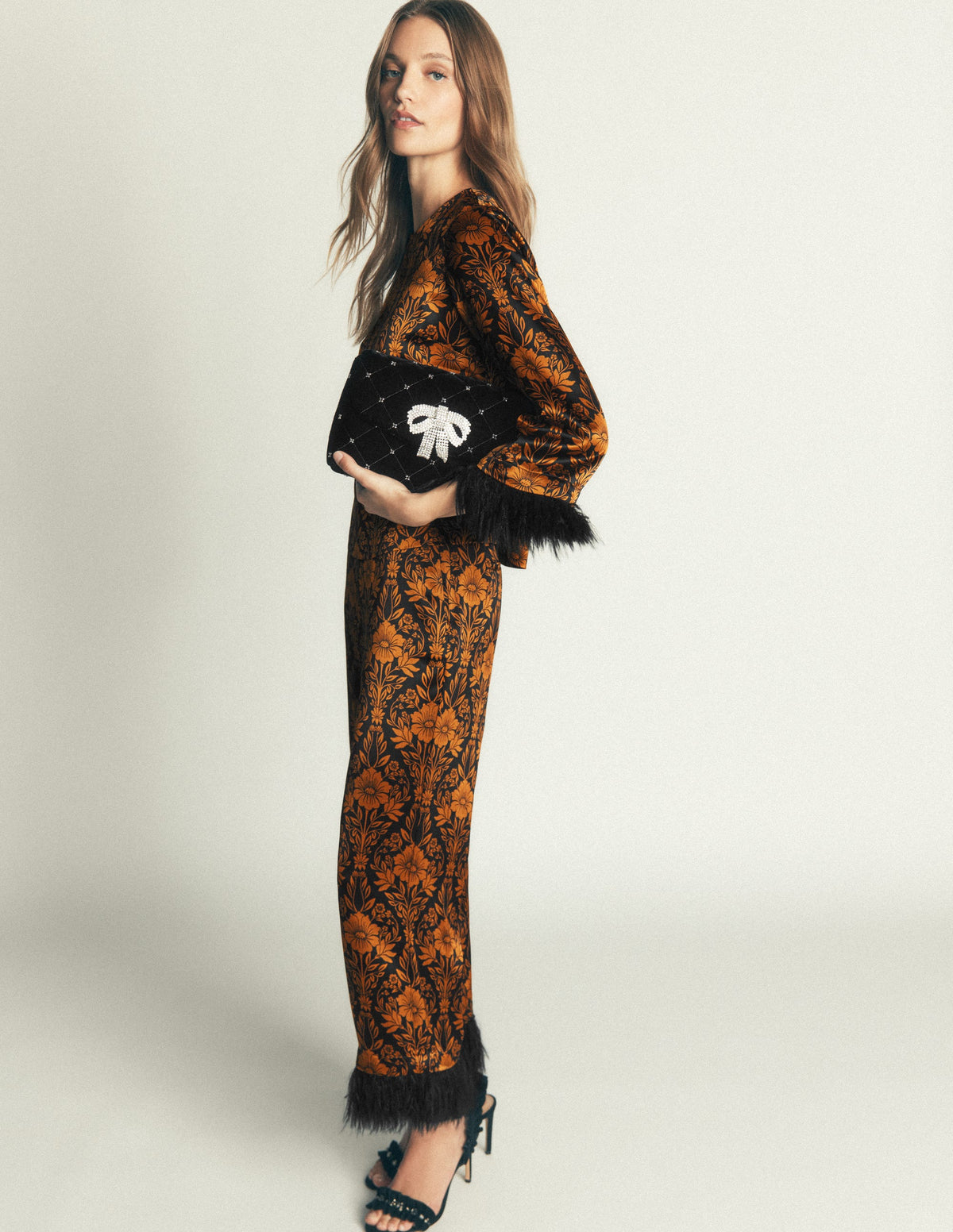 Faux Feather Cuff Party Top-Cognac, Flourishing Sprig-5