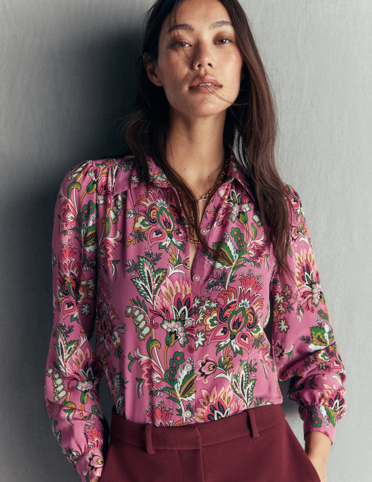 Sara Silk Shirt-Pink Heather, Frosted Flora-2