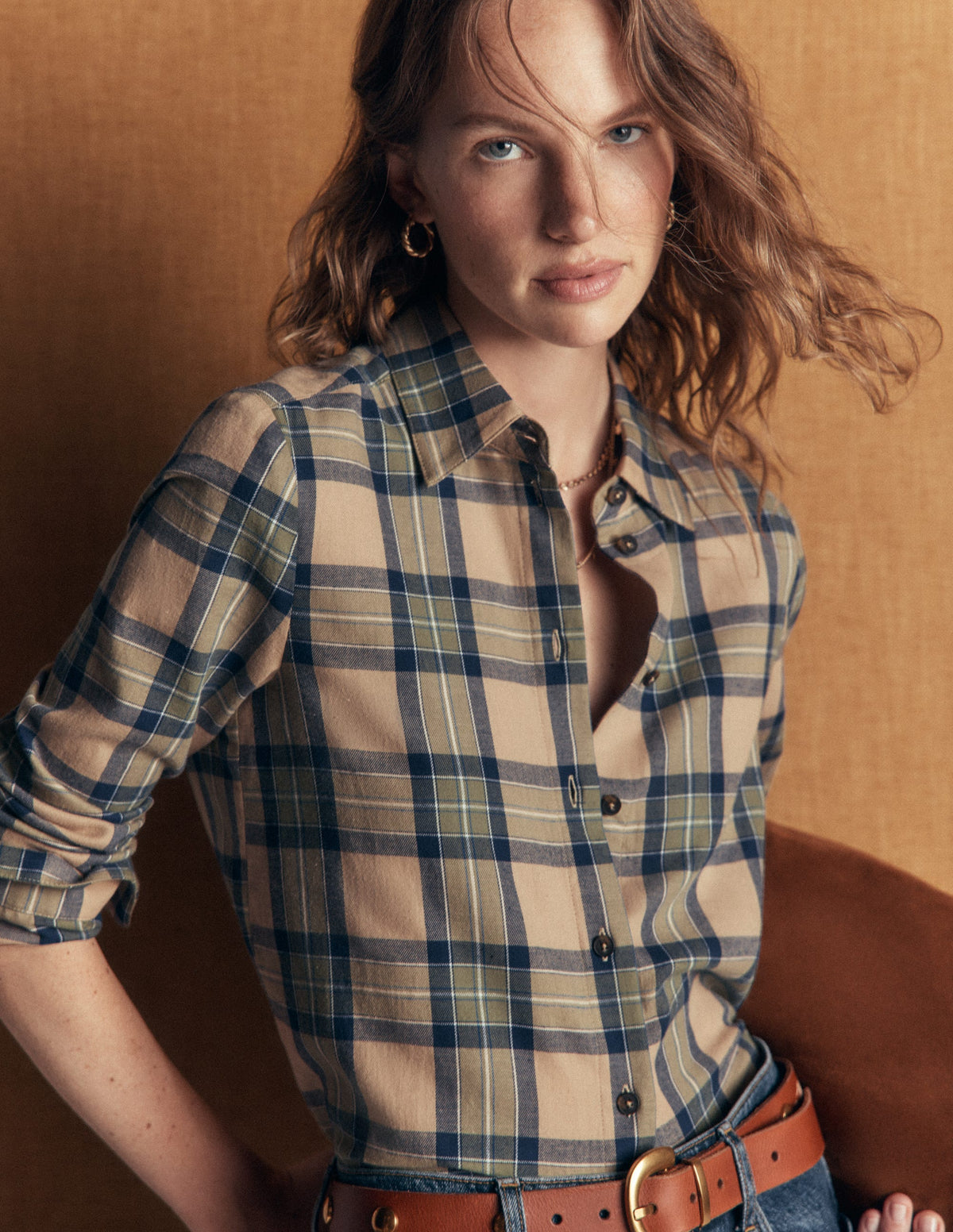 Sienna Cotton Shirt-Camel, Navy, Green Check - Image 1