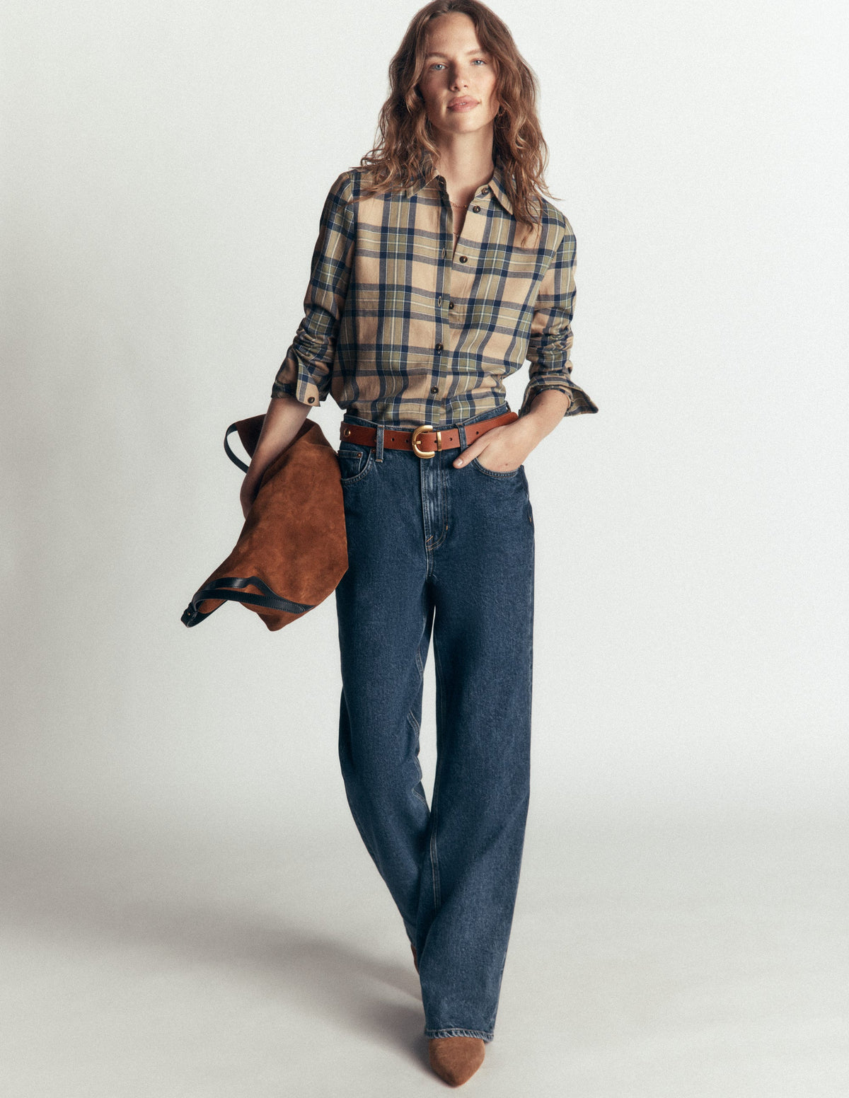 Sienna Cotton Shirt-Camel, Navy, Green Check - Image 4