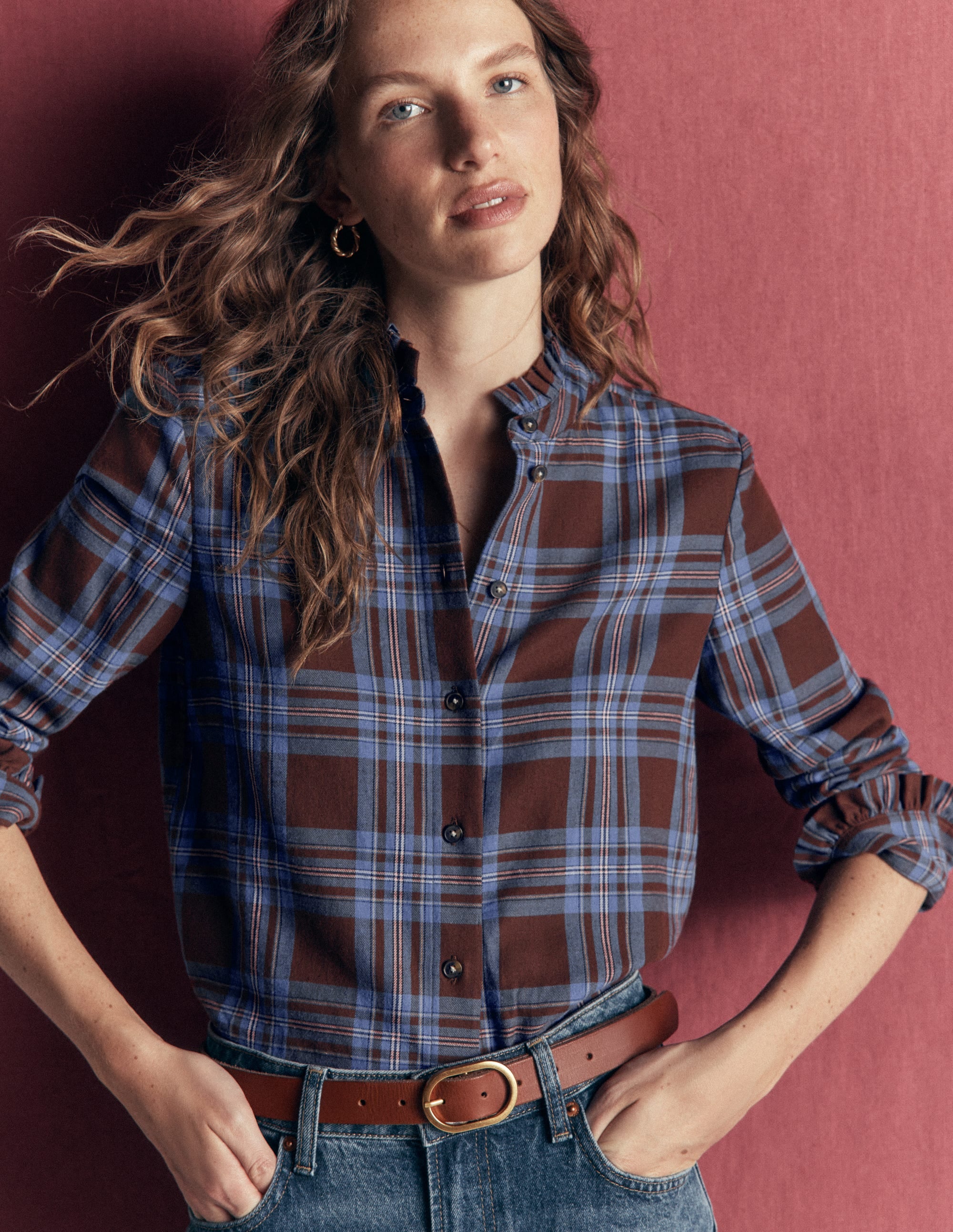 Sienna Frill Cotton Shirt-Brown, Blue And Pink Check - Image 1