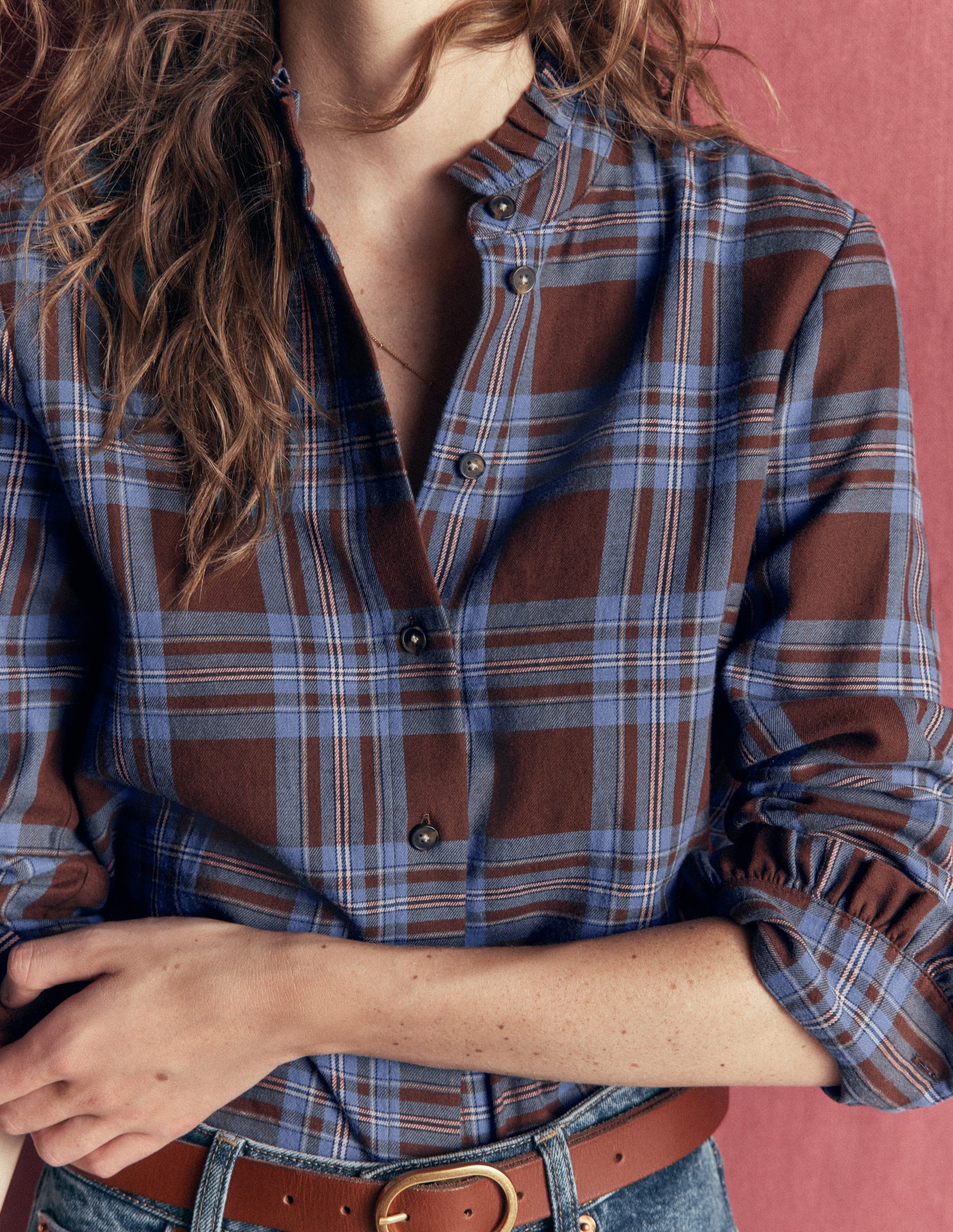 Sienna Frill Cotton Shirt-Brown, Blue And Pink Check-2