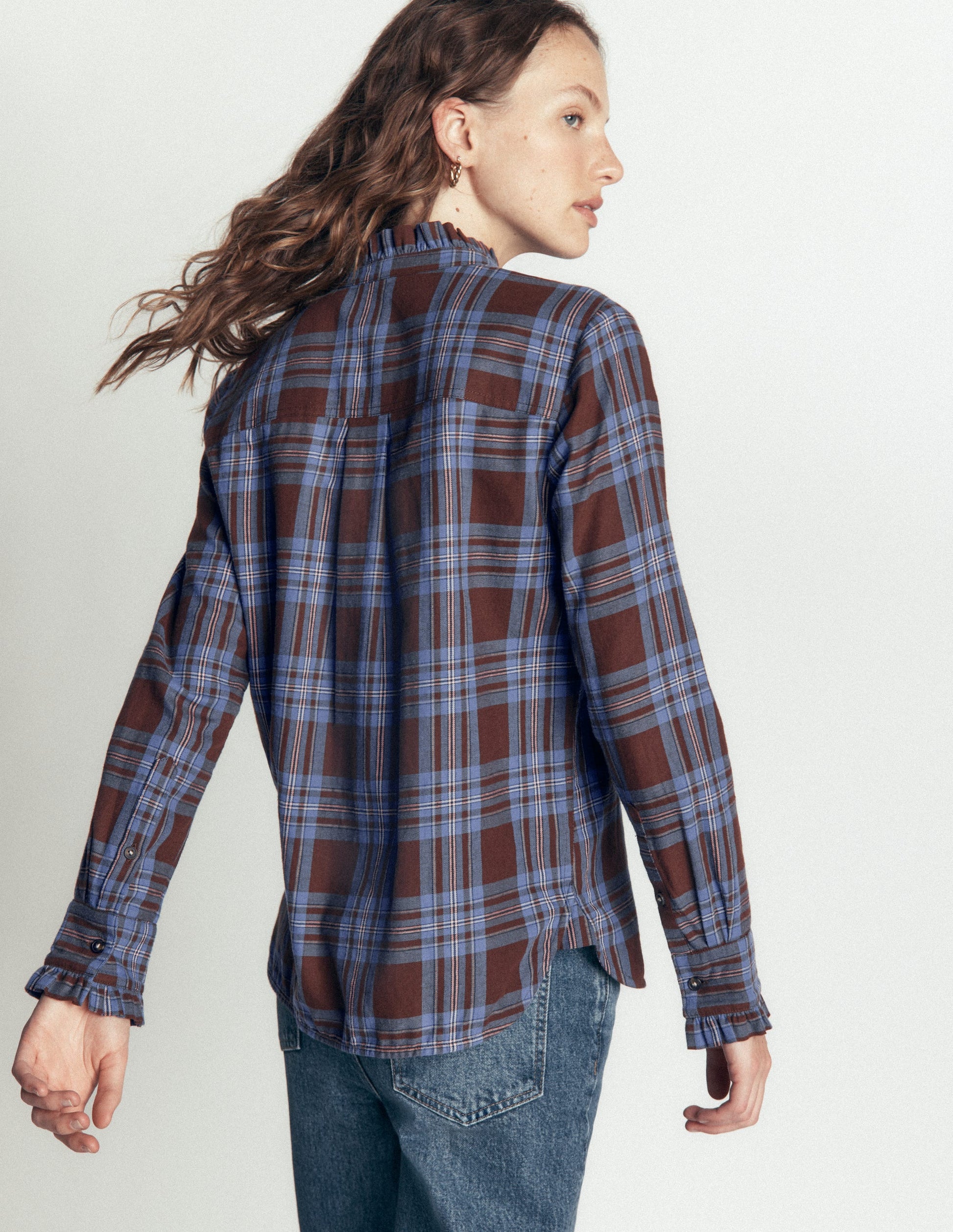 Sienna Frill Cotton Shirt-Brown, Blue And Pink Check-3