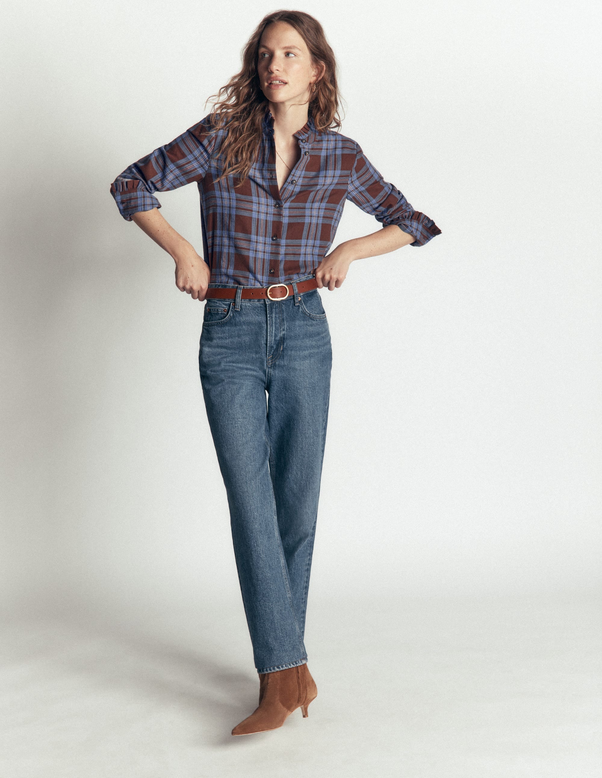 Sienna Frill Cotton Shirt-Brown, Blue And Pink Check - Image 4