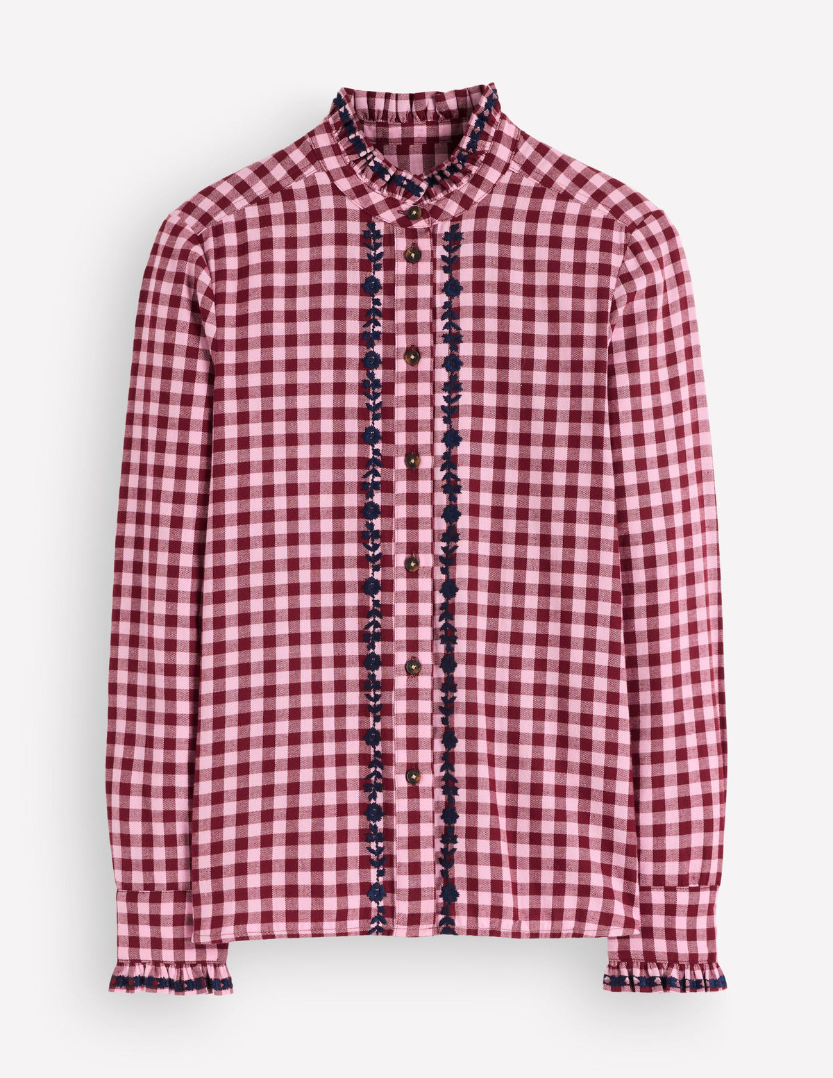 Sienna Frill Cotton Shirt-Embroidered Pink, Maroon Check - Image 6