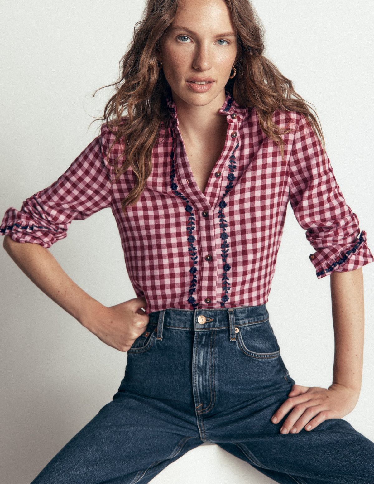 Sienna Frill Cotton Shirt-Embroidered Pink, Maroon Check-1
