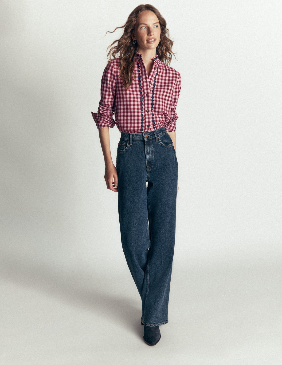 Sienna Frill Cotton Shirt-Embroidered Pink, Maroon Check - Image 4