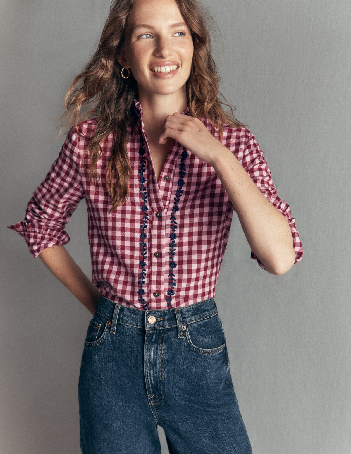 Sienna Frill Cotton Shirt-Embroidered Pink, Maroon Check - Image 5