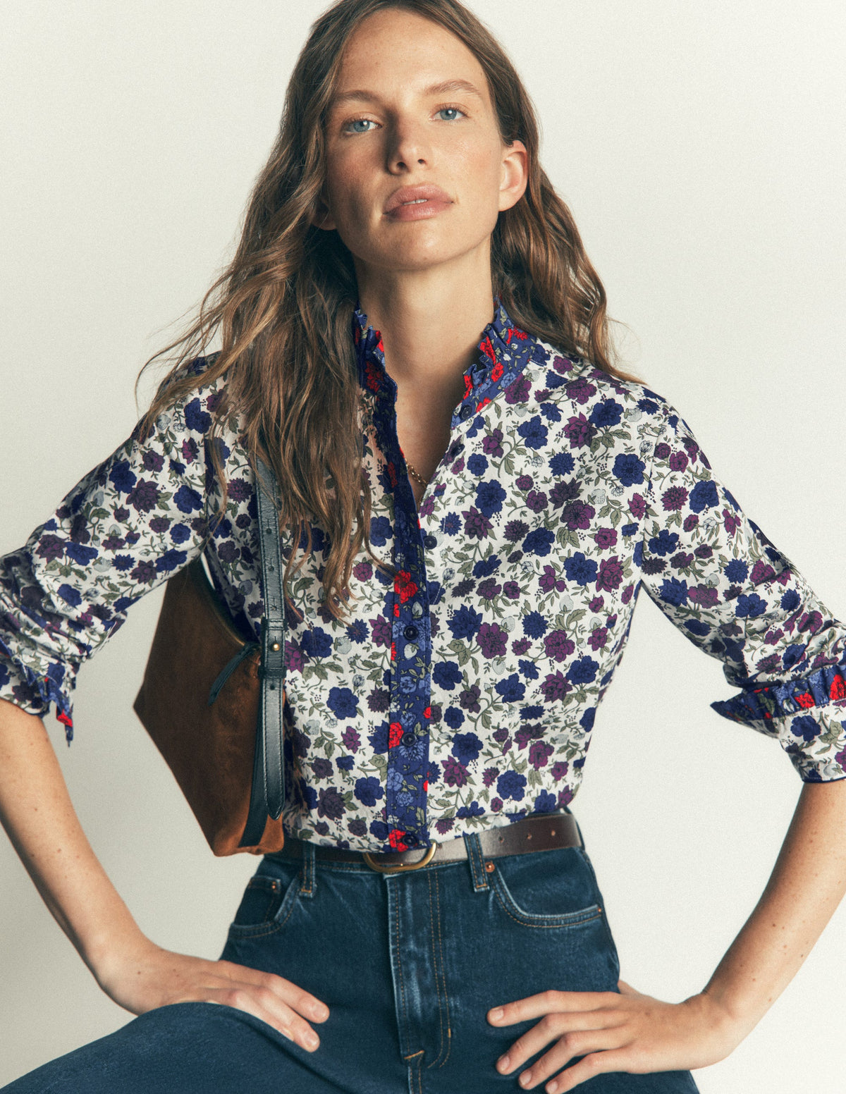 Sienna Frill Cotton Shirt-Soft Cream, Billowing Sprigs-2