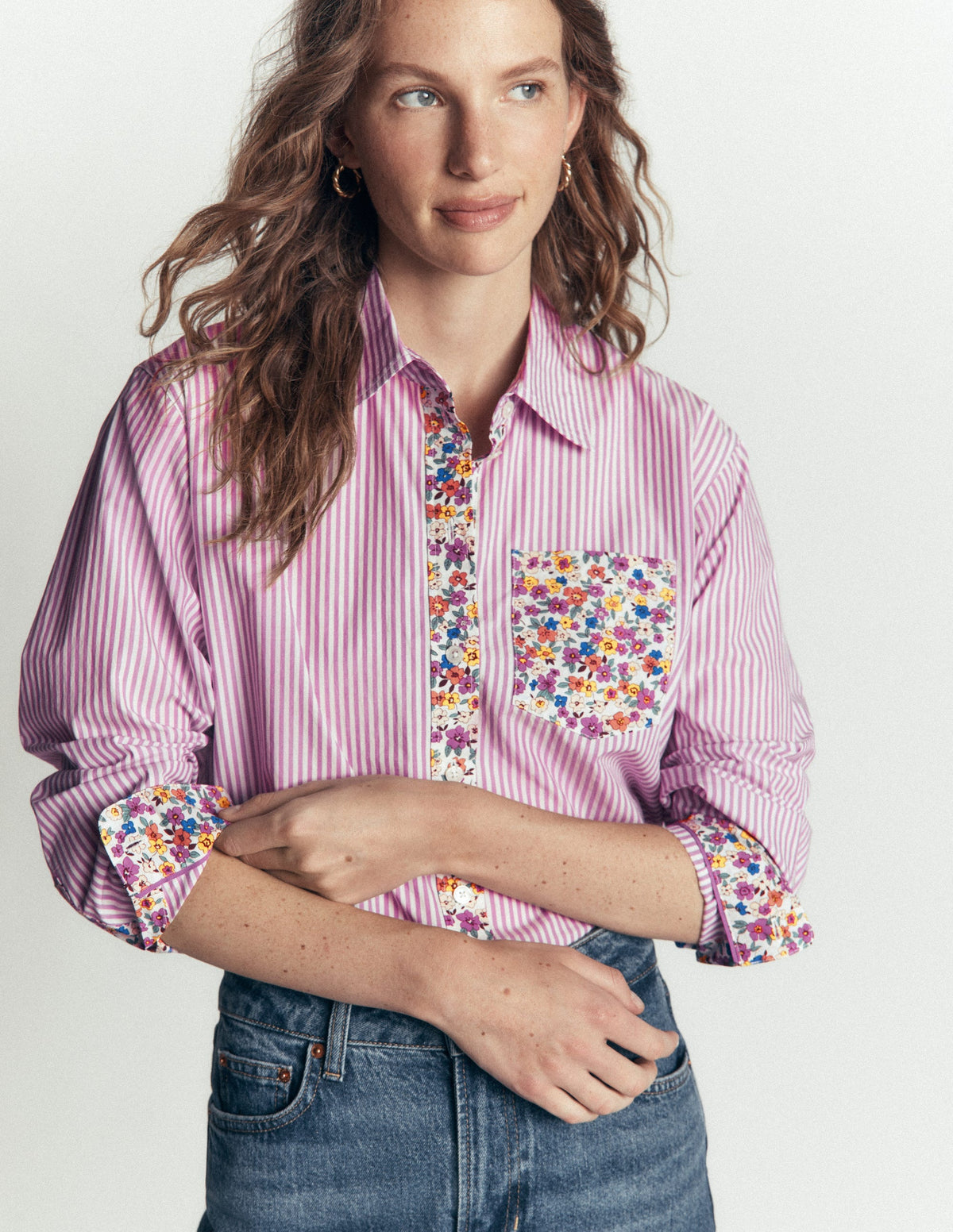 Sienna Relaxed Cotton Shirt-Clover Purple, Hotched Floral-1