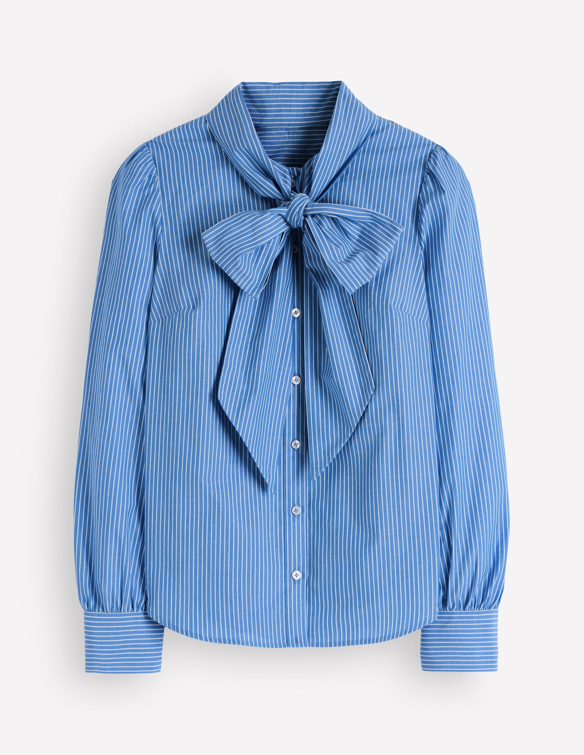 Clara Tie Neck Shirt-Blue, Ivory Fine Stripe-6