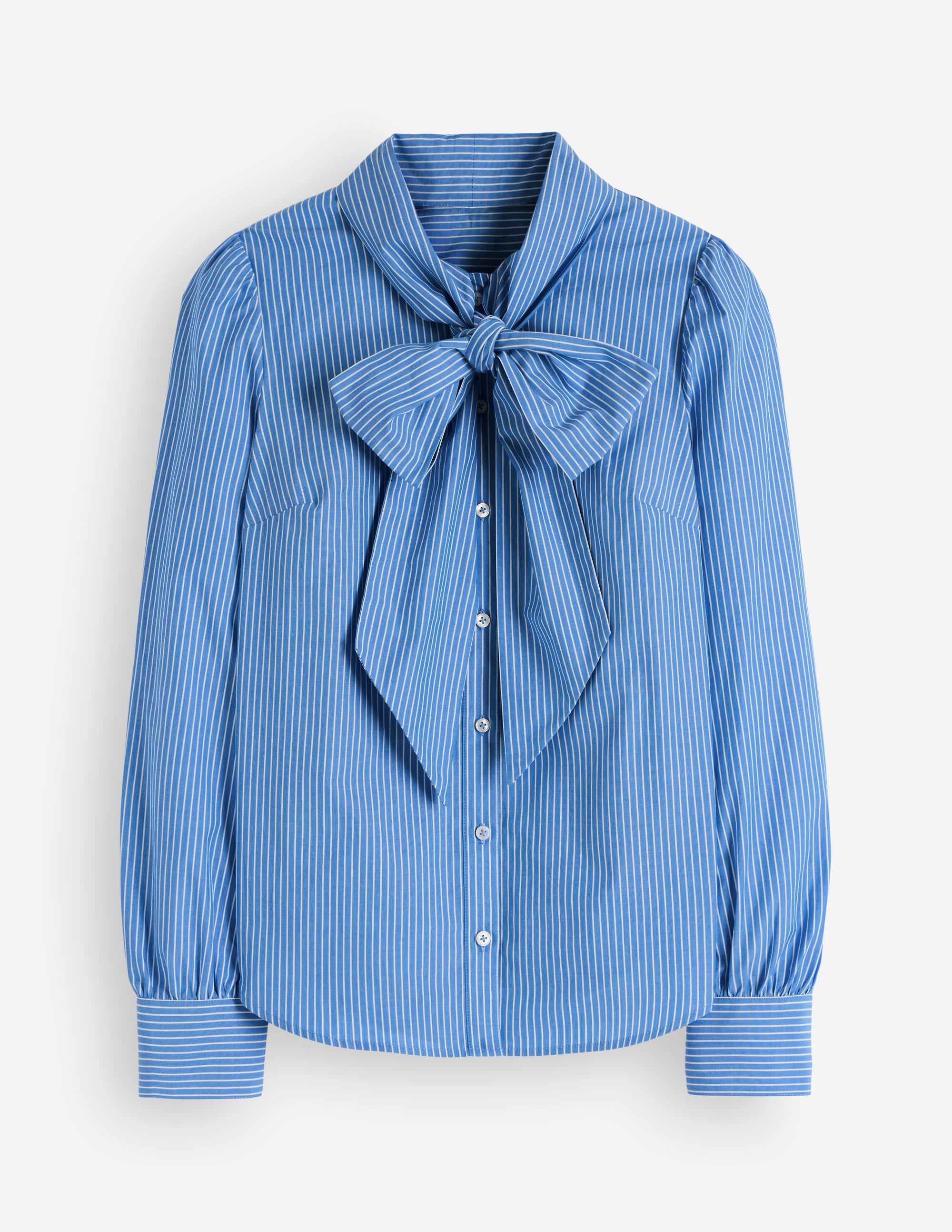 Clara Tie Neck Shirt-Blue, Ivory Fine Stripe - Image 6