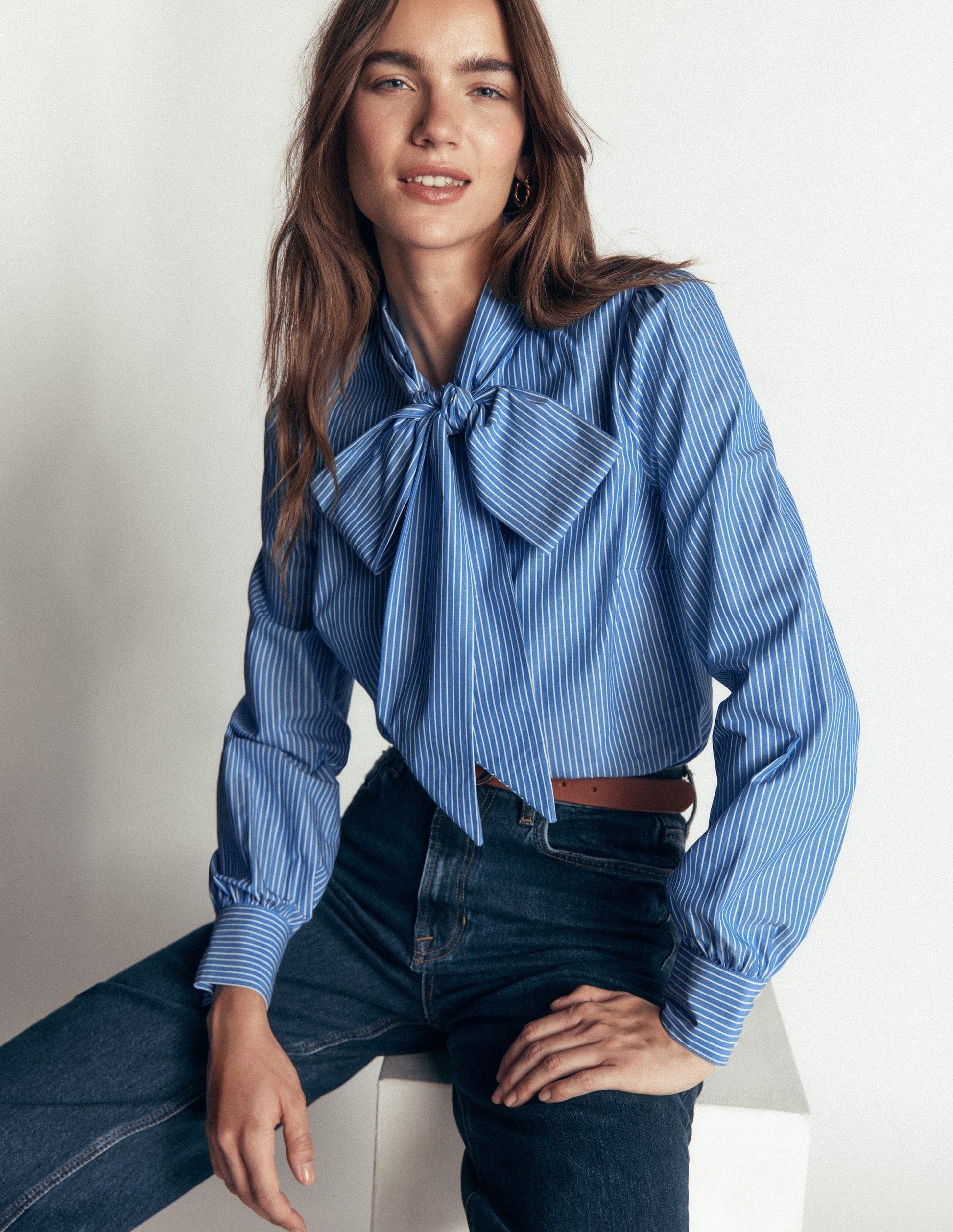 Clara Tie Neck Shirt-Blue, Ivory Fine Stripe-1